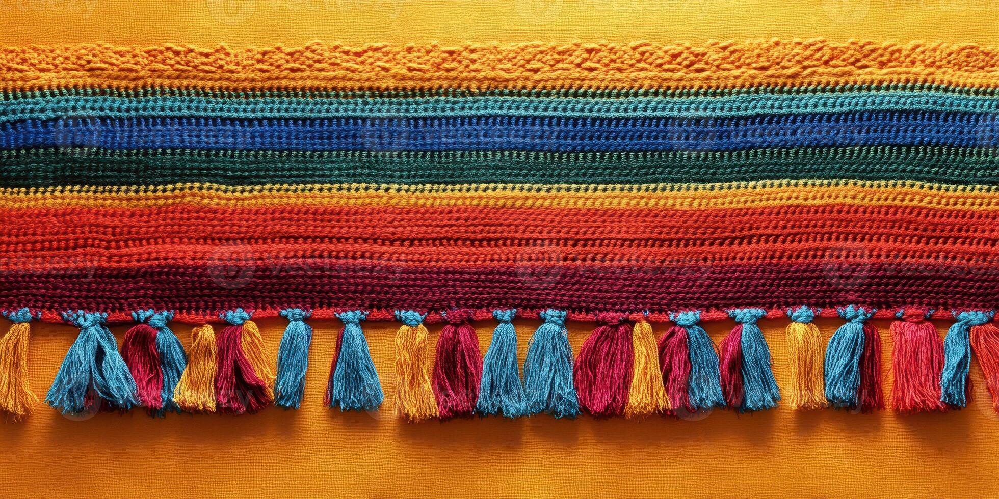 Colorful woven textile showcasing vibrant patterns and tassels with intricate detailing photo