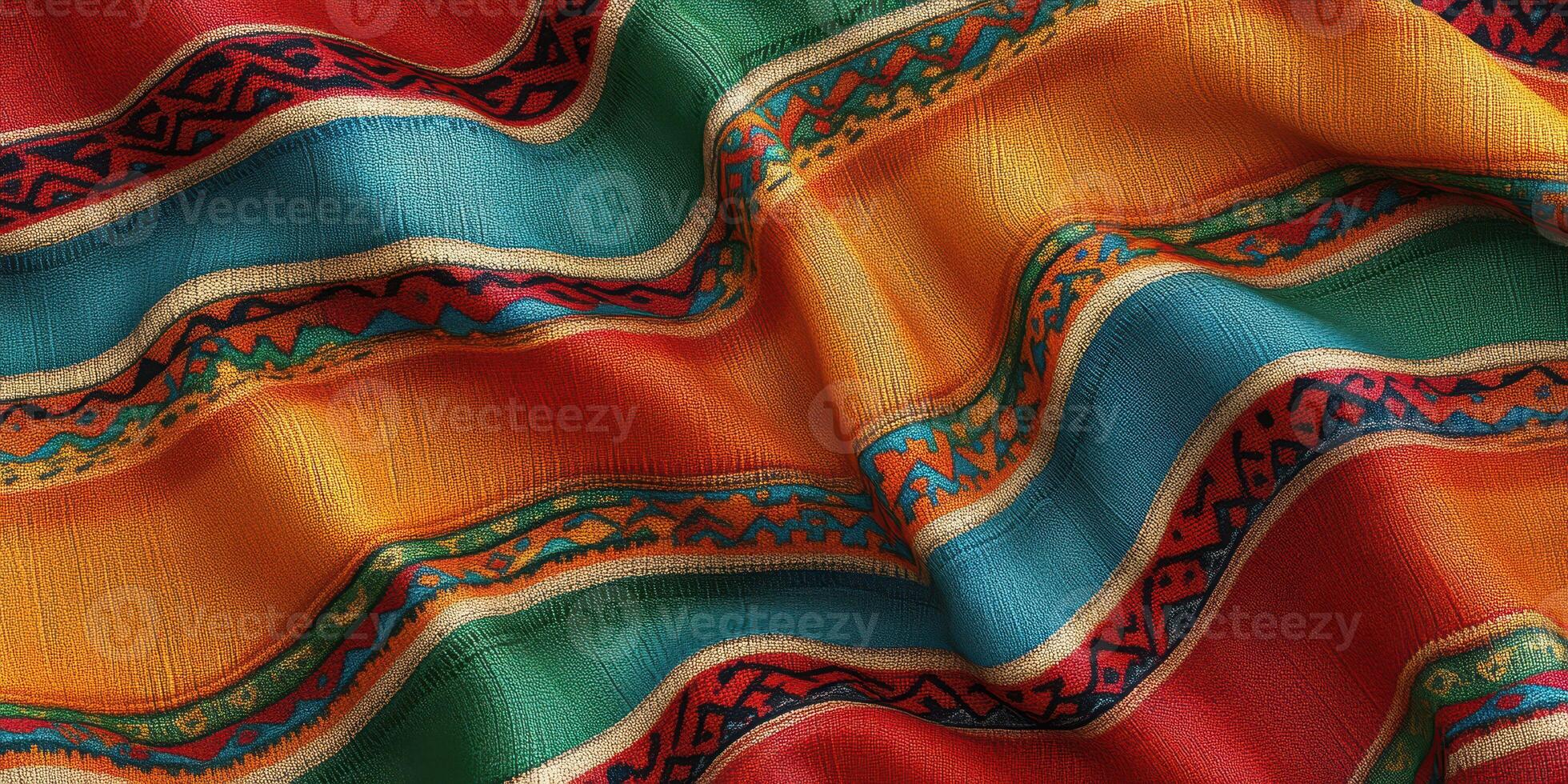 Vibrant textile with colorful stripes and intricate patterns in warm tones displayed in a soft, flowing manner photo