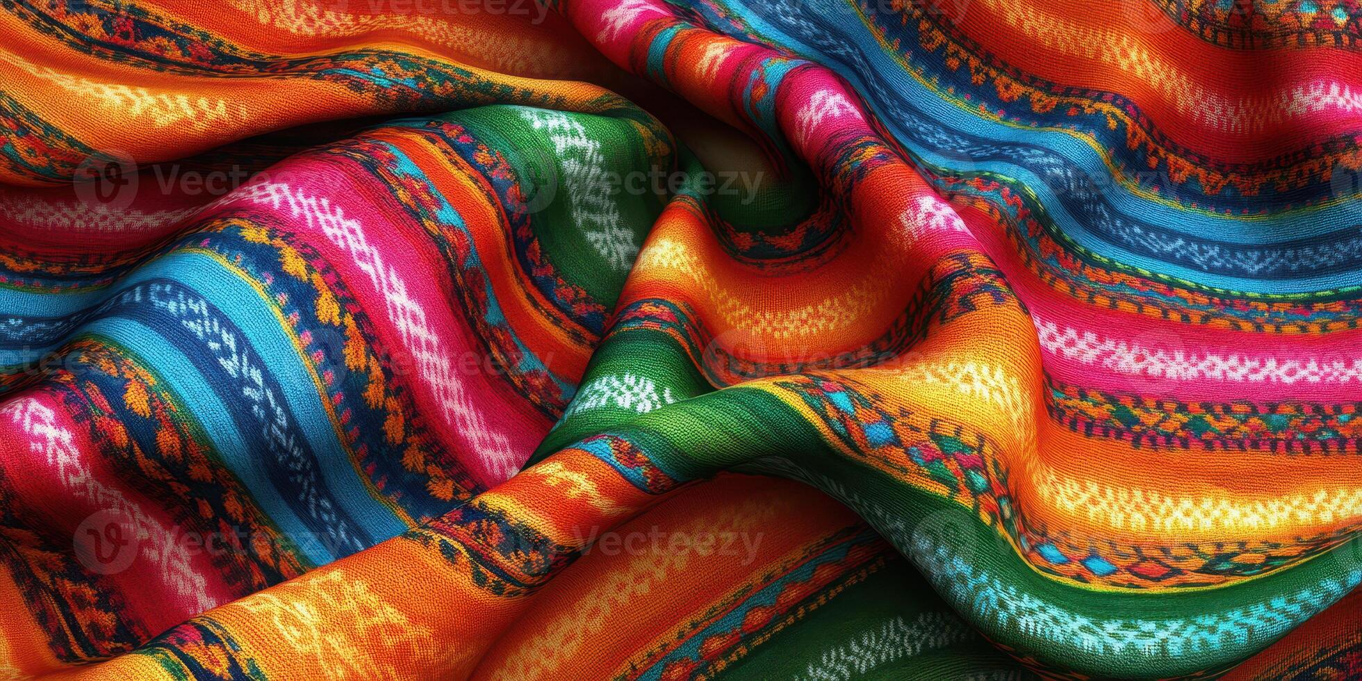 Vibrant woven textiles showcase intricate patterns in bright colors and textures photo