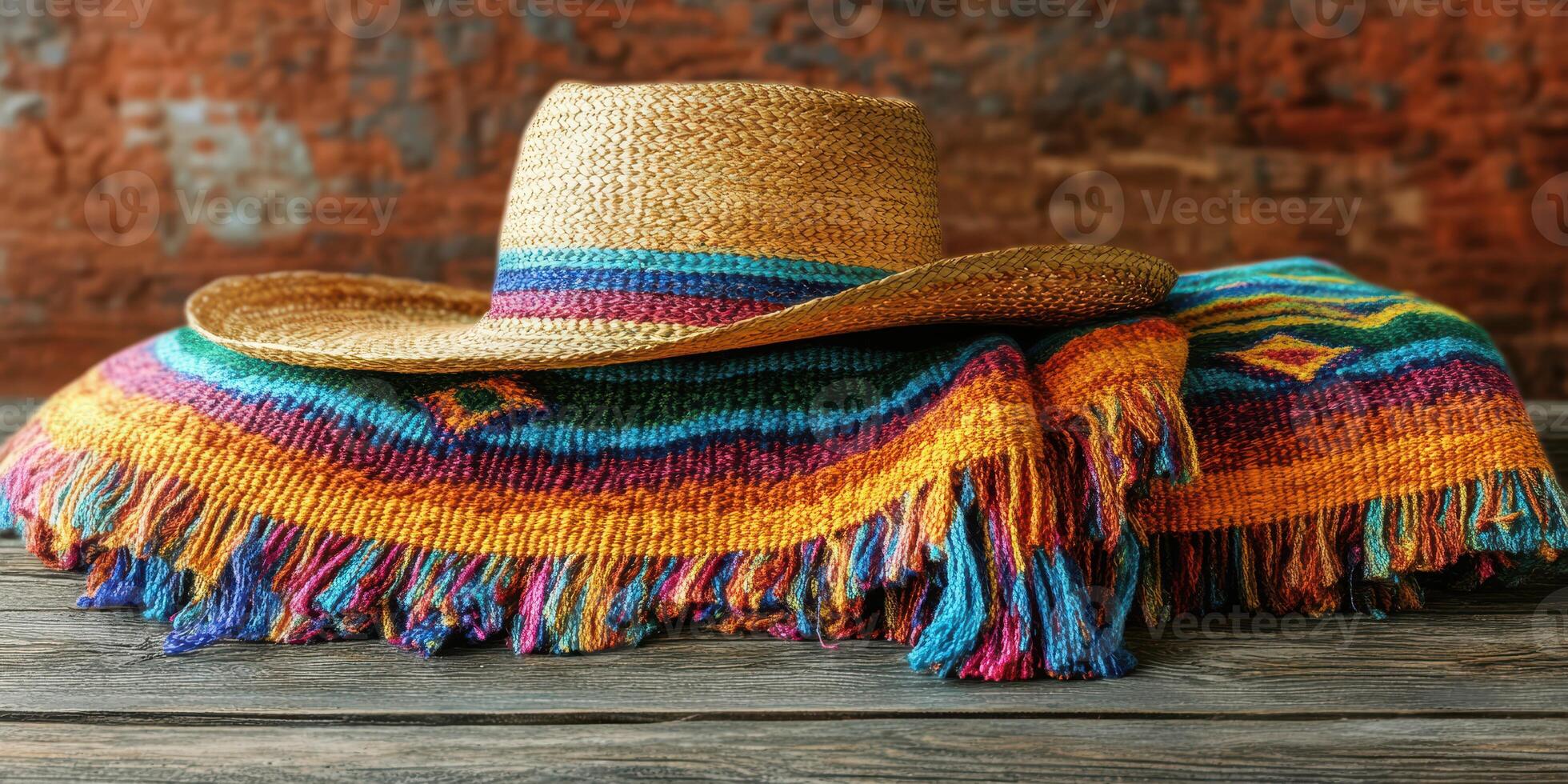 Colorful woven blanket and straw hat arranged on a rustic wooden table in a warm setting photo