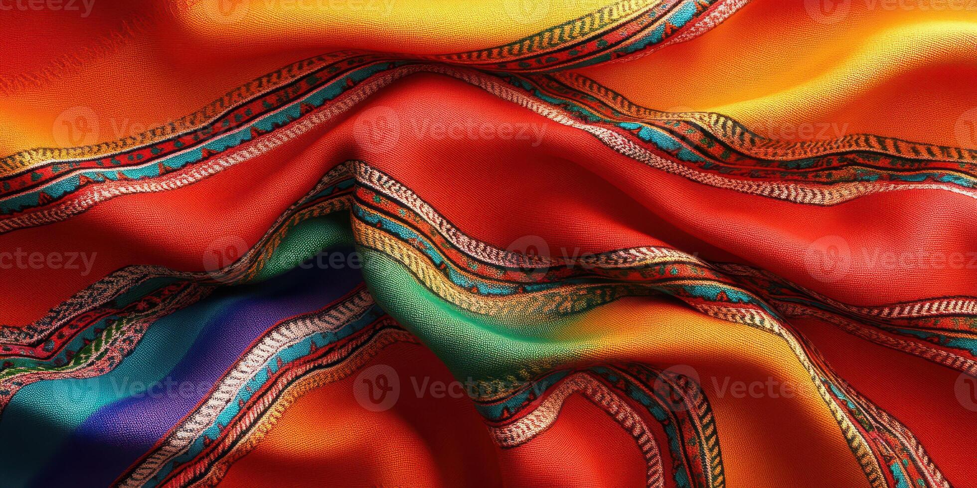 Colorful woven fabric with intricate designs showcasing vibrant patterns and textures photo