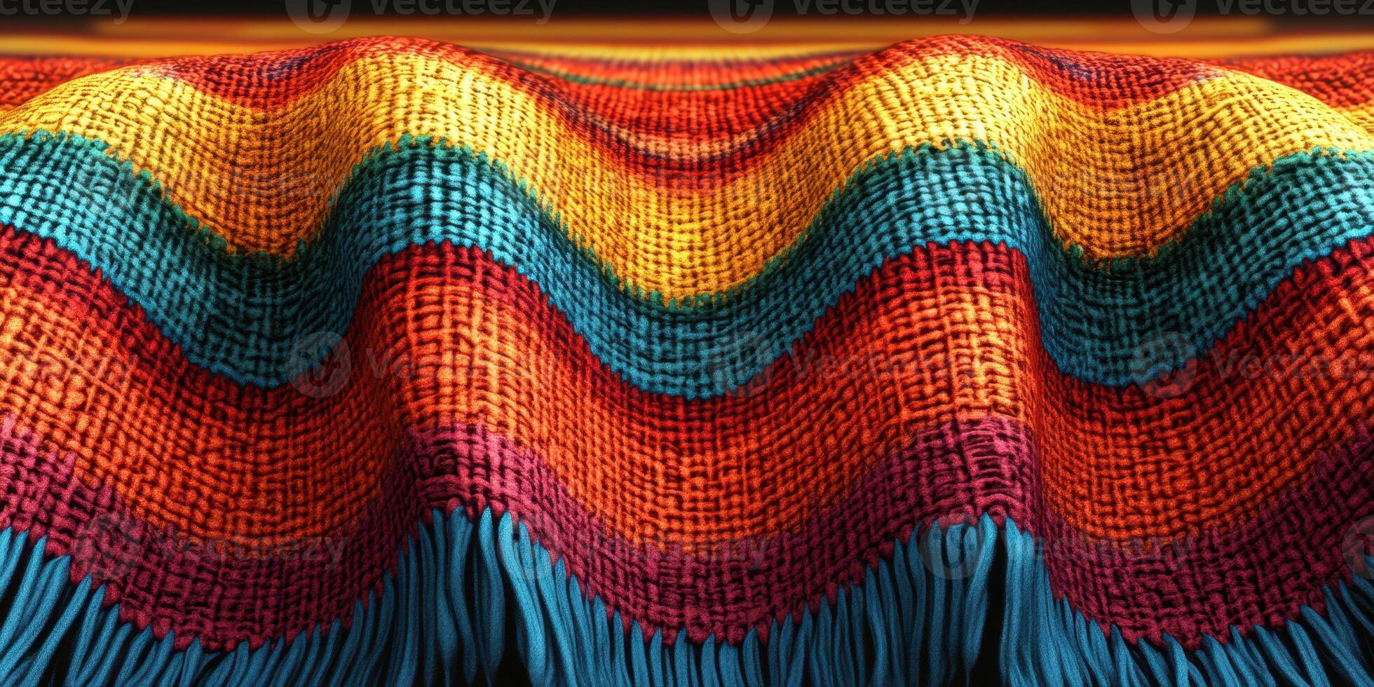 Colorful woven textile displayed on a flat surface with vibrant orange, red, green, and blue stripes that create a wave effect photo