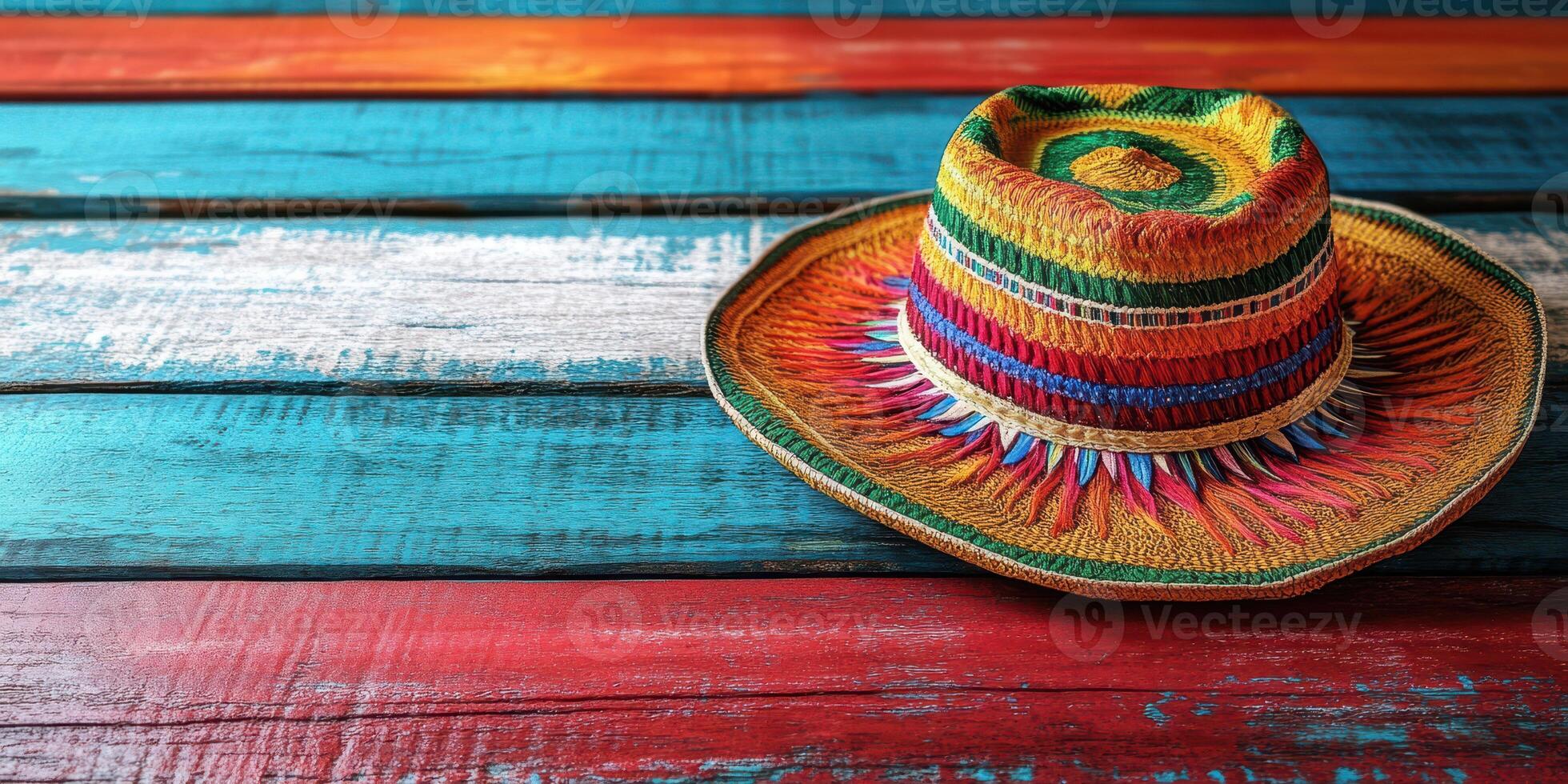 Colorful artisan hat displayed on vibrant wooden surface showcasing textures and patterns photo