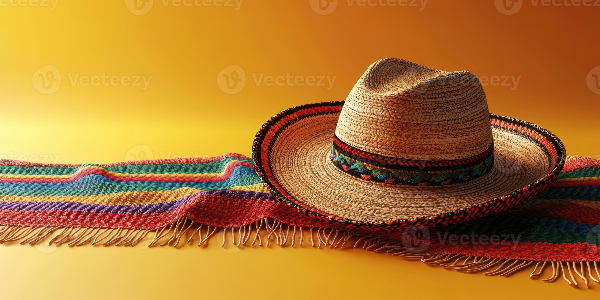 Colorful woven blanket and sombrero against bright golden background create a festive atmosphere photo