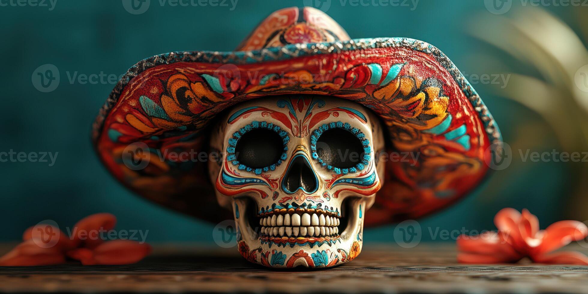 Colorful decorative skull wearing a sombrero with floral designs on a wooden table photo