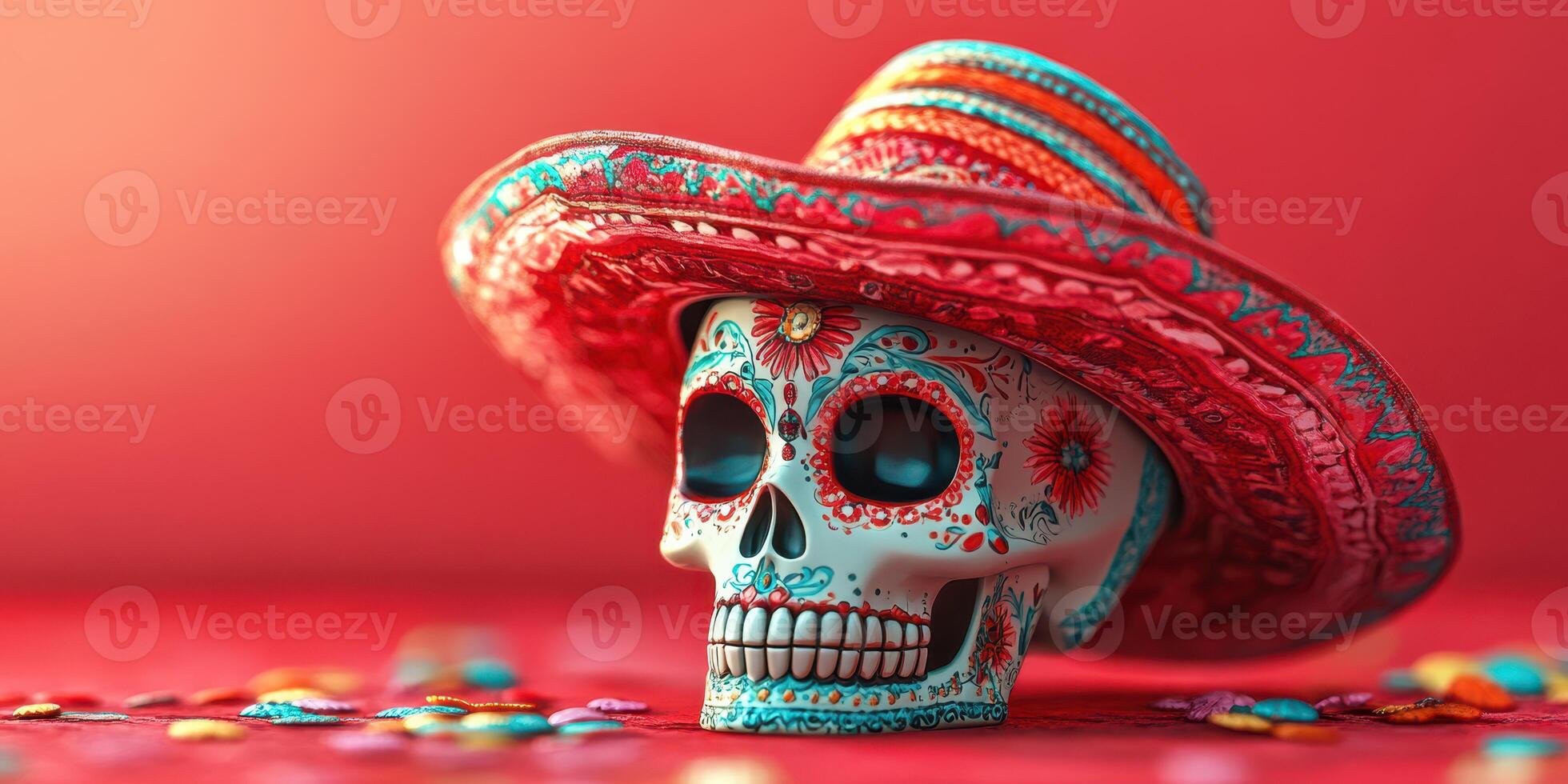 Colorful sugar skull adorned with a traditional sombrero against a vibrant background photo