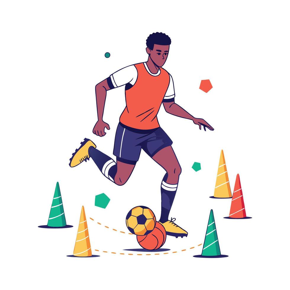 Football Dribbling Through Cones in Practice vector