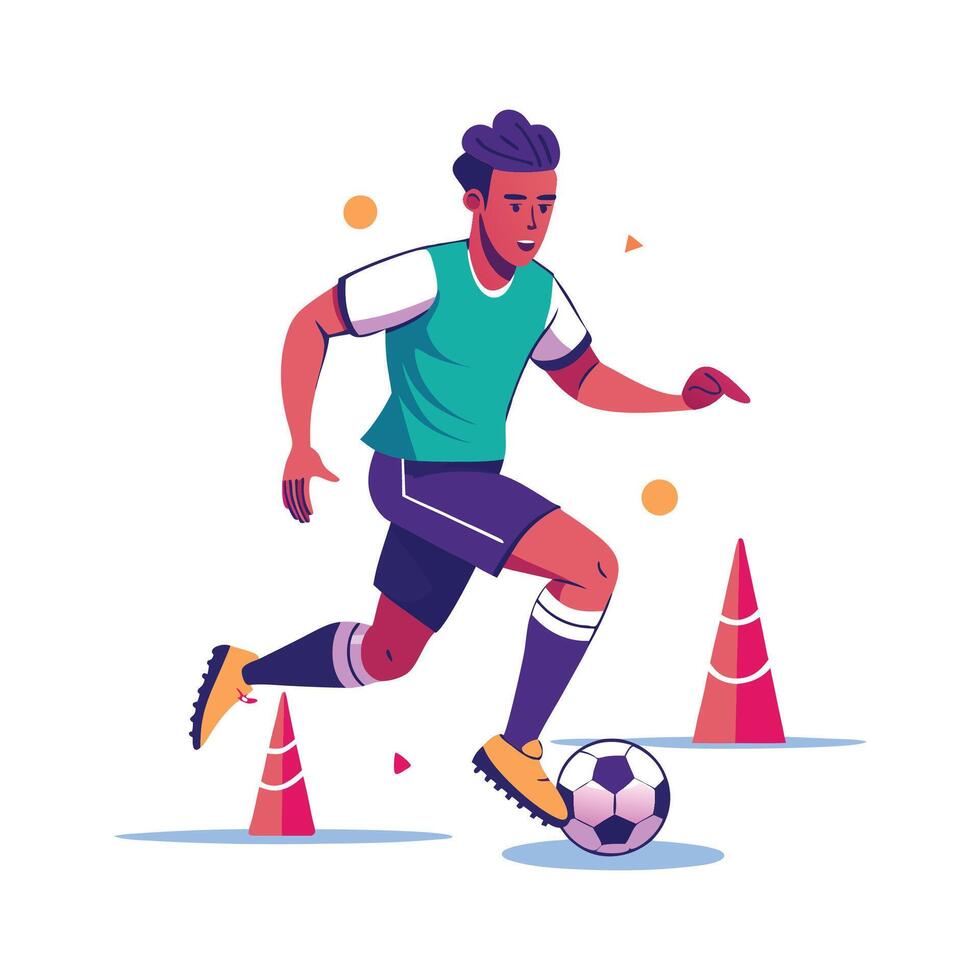 Agile Dribbling Through Cones by Football Player vector