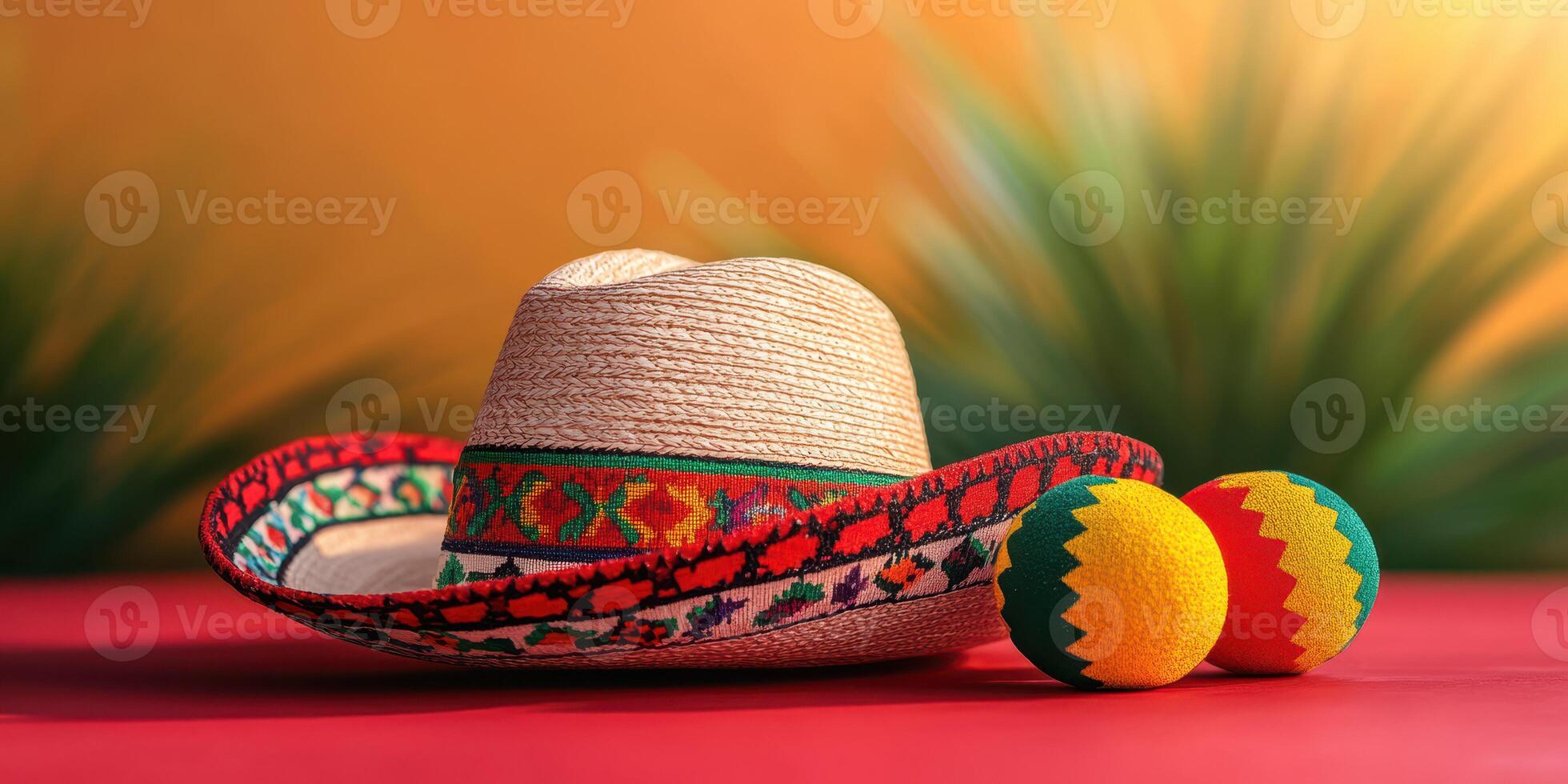 Colorful decorative sombrero and maracas set on a vibrant table with natural greenery in the background during a festive celebration photo