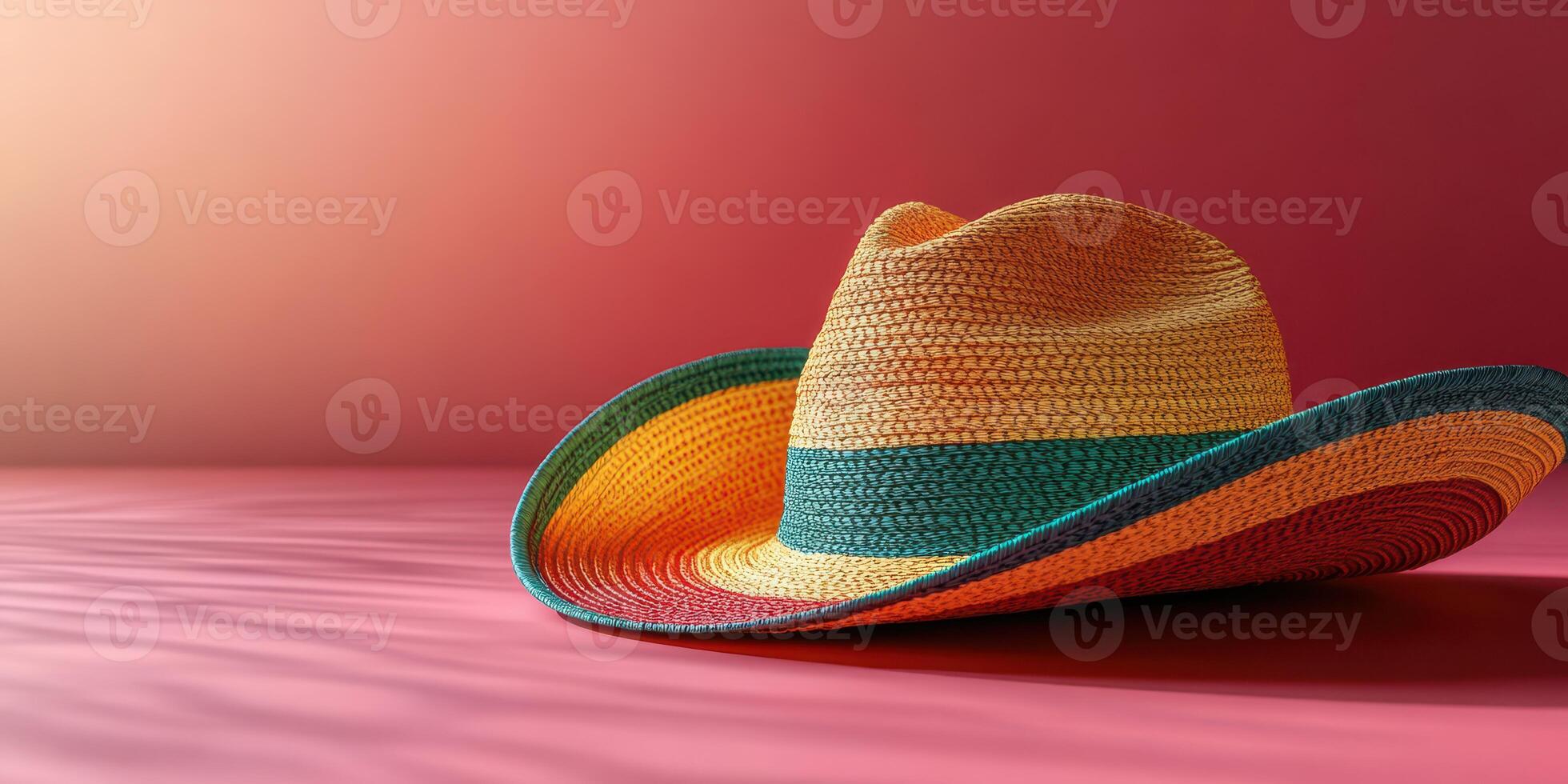 Colorful straw hat resting on a vibrant surface in a warm indoor setting photo