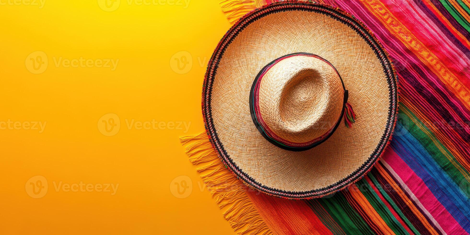 Colorful sombrero and vibrant poncho displayed against a bright yellow background for a festive atmosphere photo