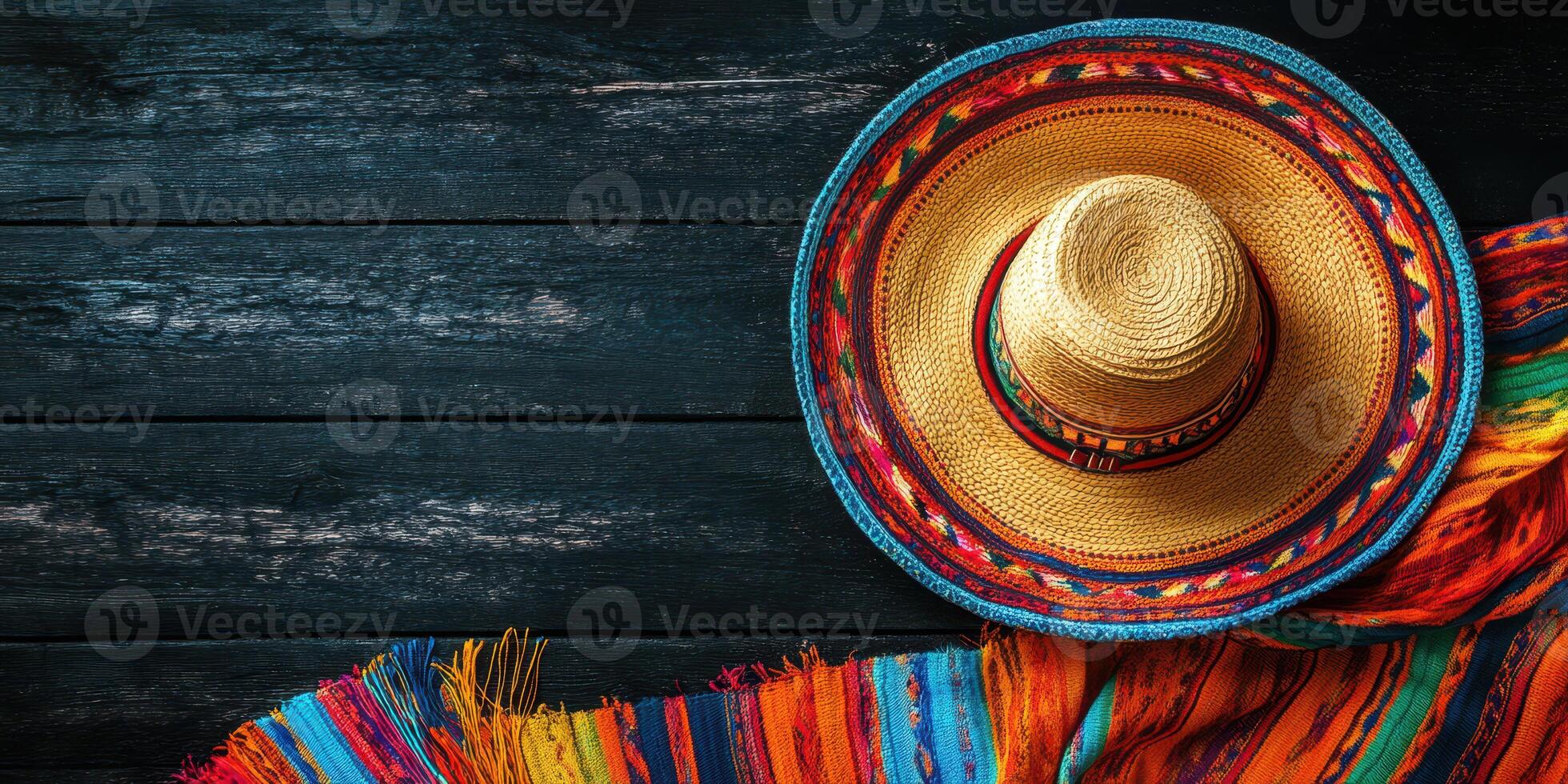 Colorful sombrero and vibrant blanket displayed on a rustic wooden surface during a festive gathering photo