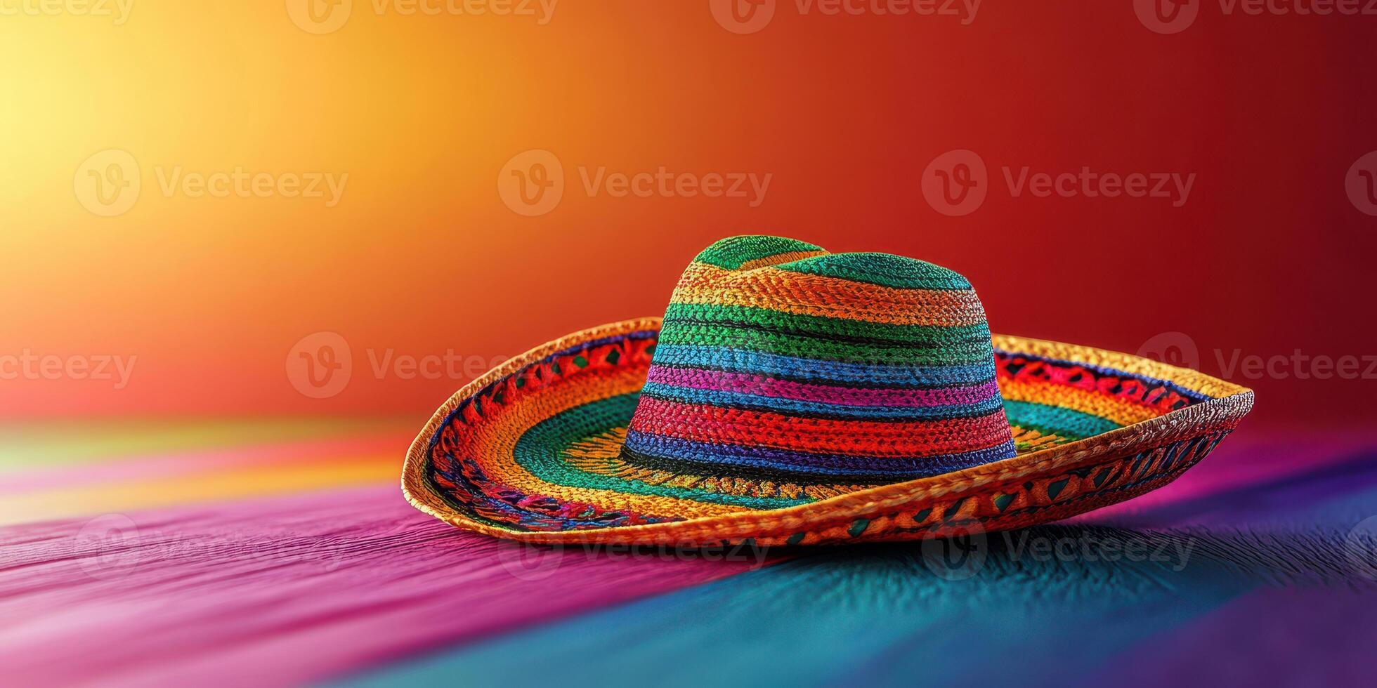 Colorful sombrero resting on a vibrant table with a gradient background at sunset photo