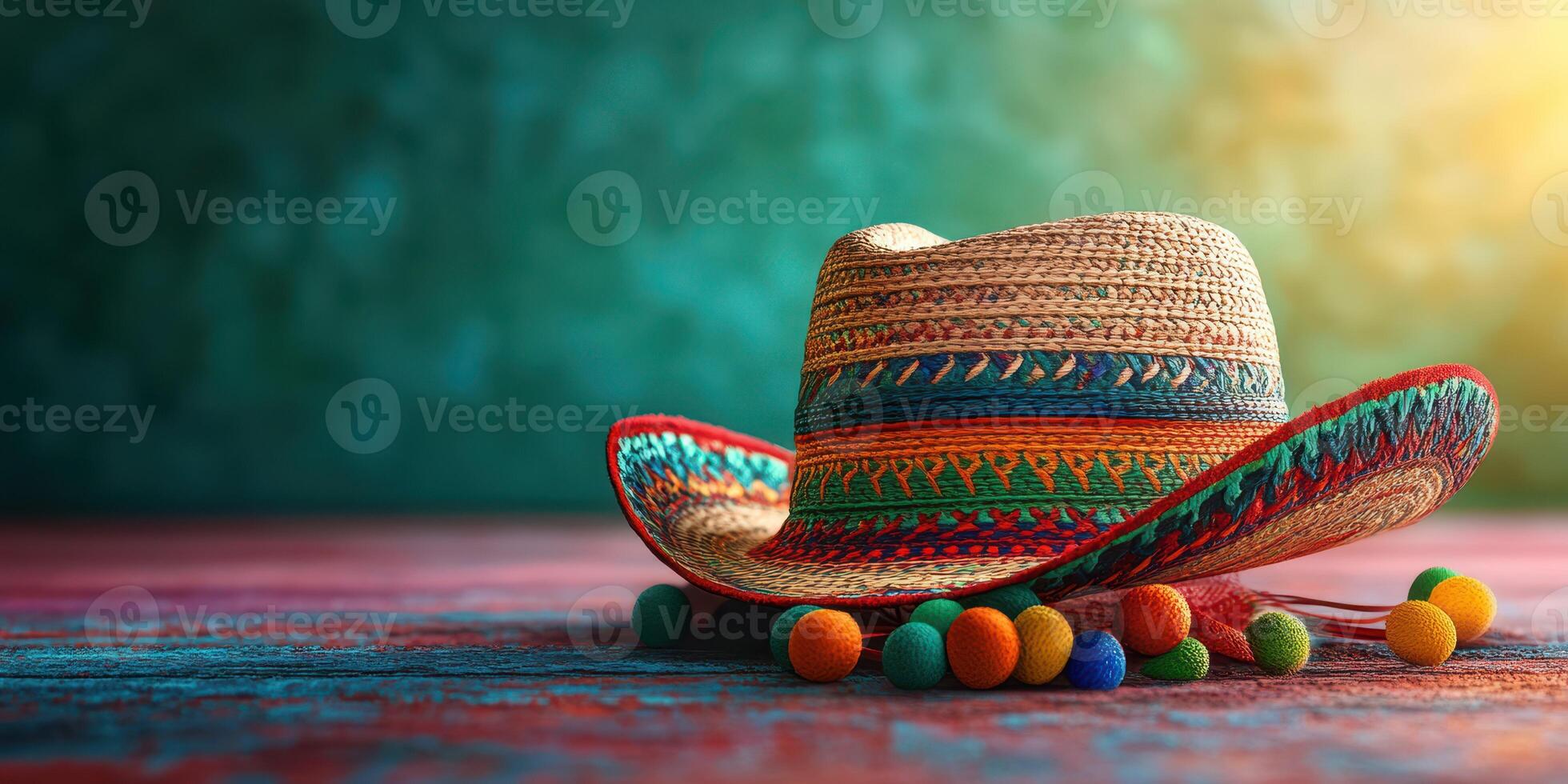 Colorful sombrero with decorative pom poms placed on a rustic wooden surface during a festive setting photo