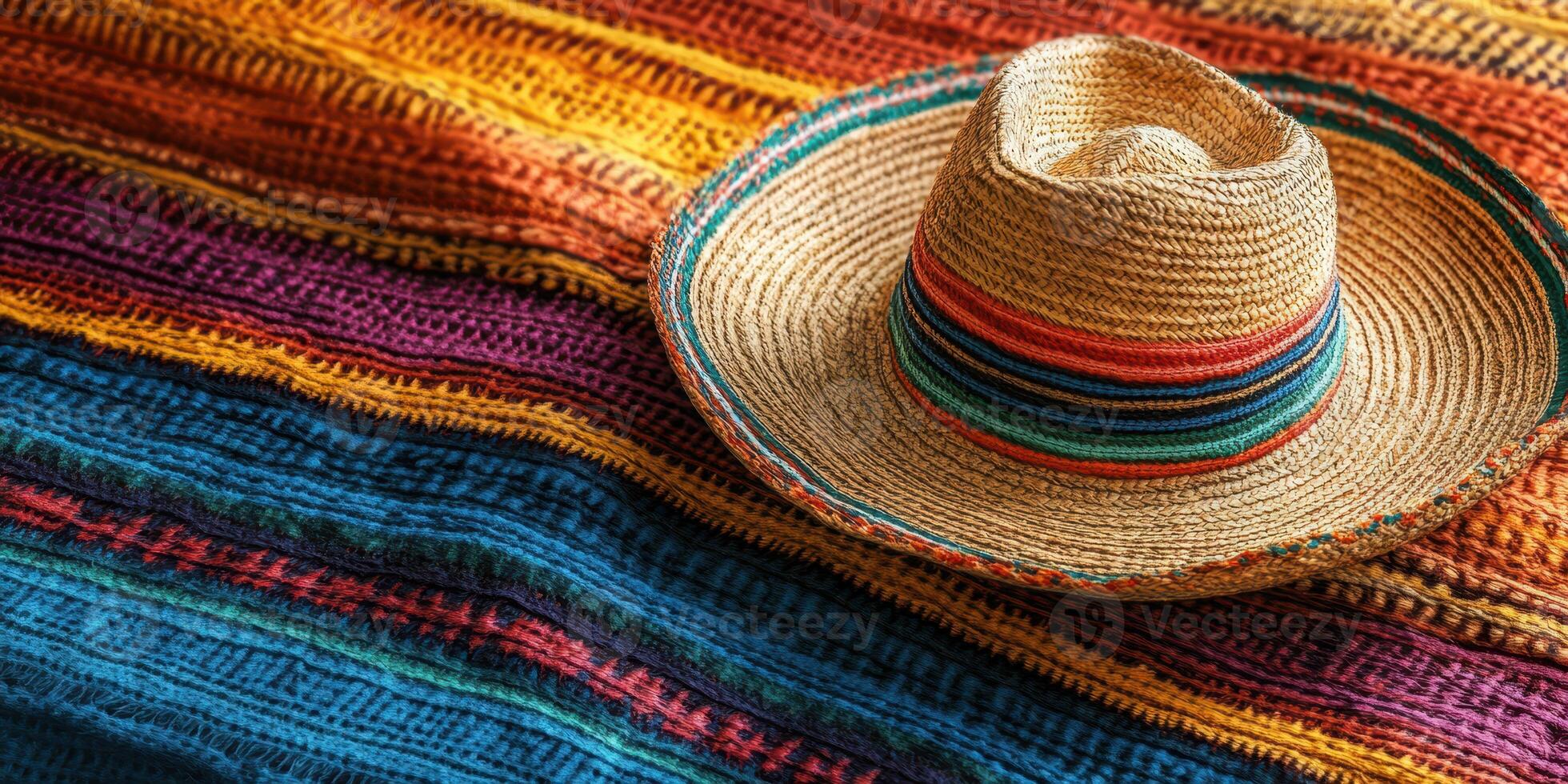 Colorful woven blanket with a traditional sombrero displayed during a cultural gathering in a bright setting photo