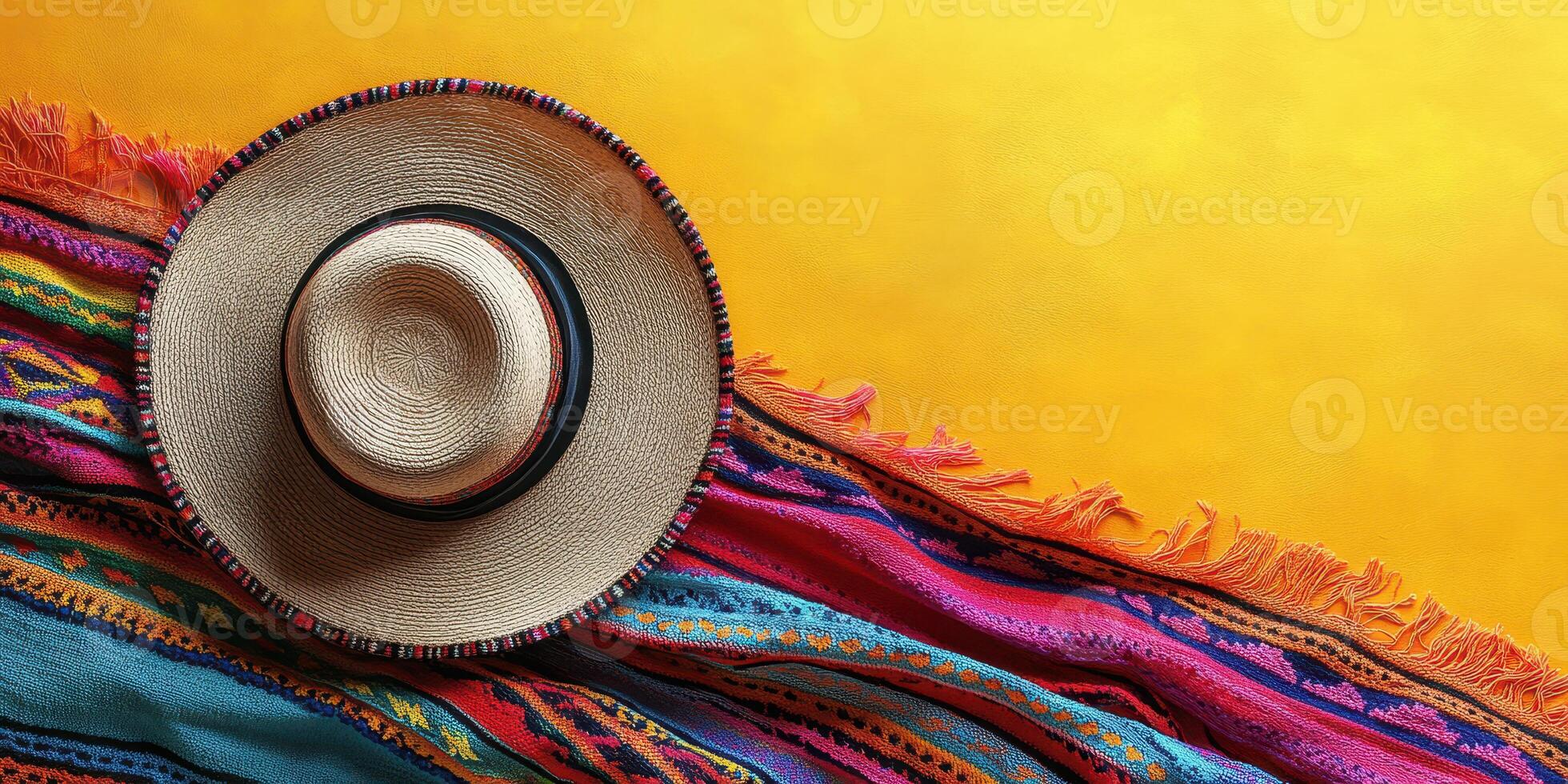 Colorful blanket and traditional hat on bright yellow background showcase cultural artistry and craftsmanship in a vibrant setting photo