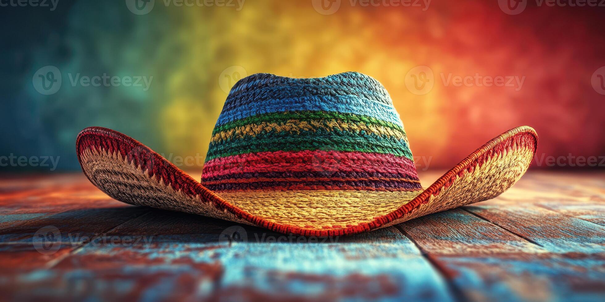Colorful sombrero placed on a wooden surface with a vibrant background showcasing a gradient of colors photo