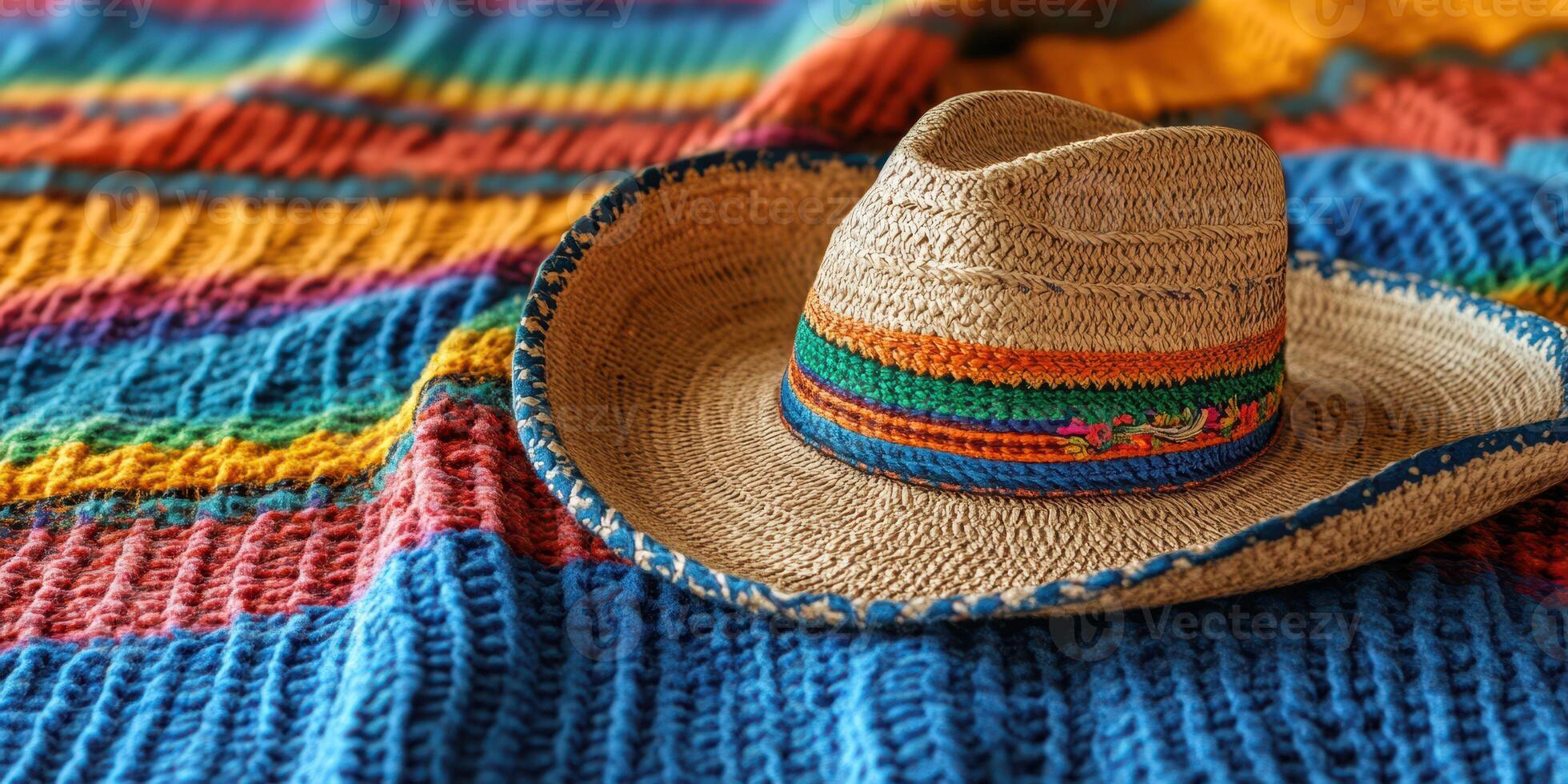 Colorful woven blanket and traditional straw hat on display during a summer outdoor gathering in a vibrant setting photo