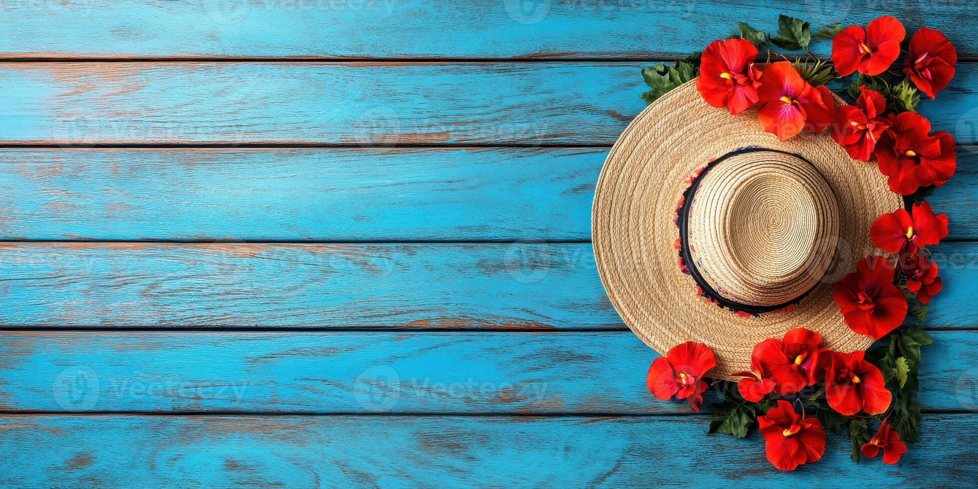 Colorful flowers and a straw hat create a vibrant summer atmosphere on a blue wooden background photo