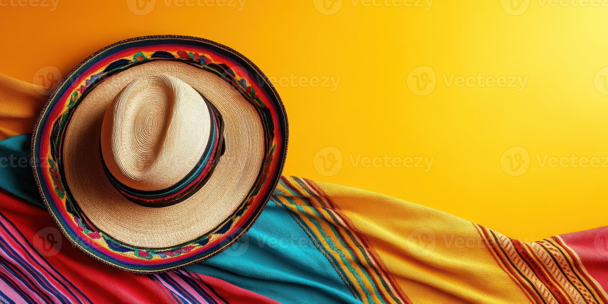 Colorful traditional hat resting on vibrant fabric against a bright background photo