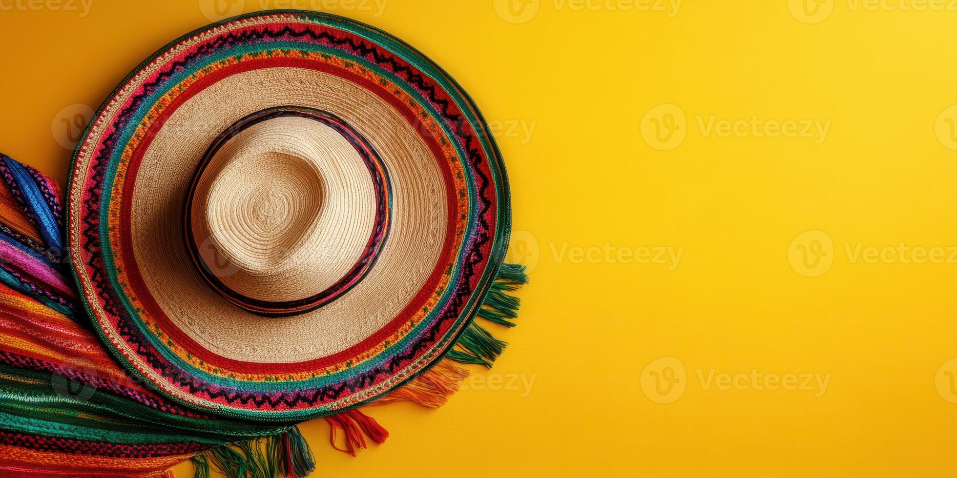 Colorful sombrero and vibrant serape laid against a bright yellow background in a cheerful display of culture photo
