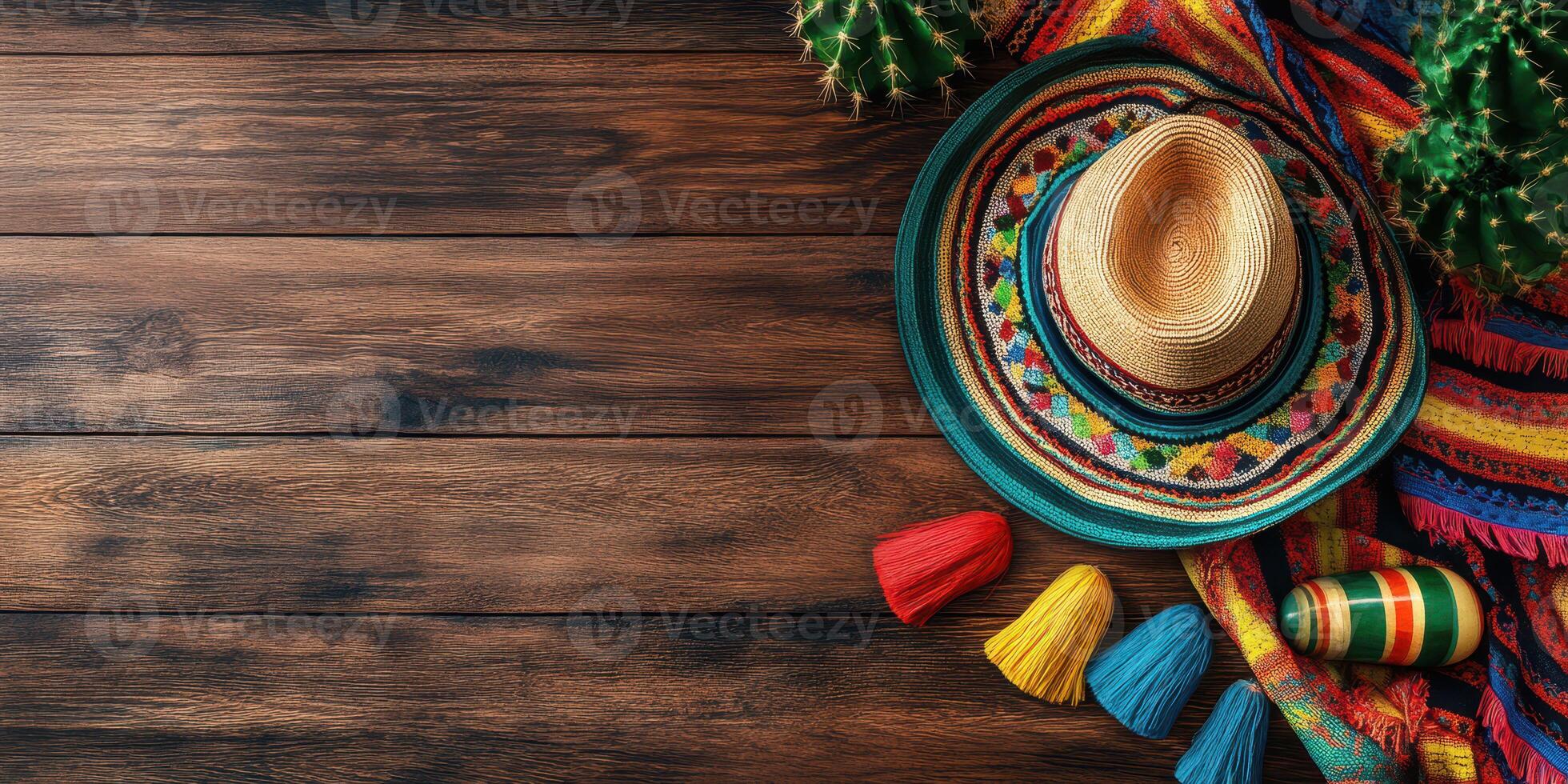 Vibrant sombrero and colorful decorations on a rustic wooden surface showcasing a festive atmosphere photo