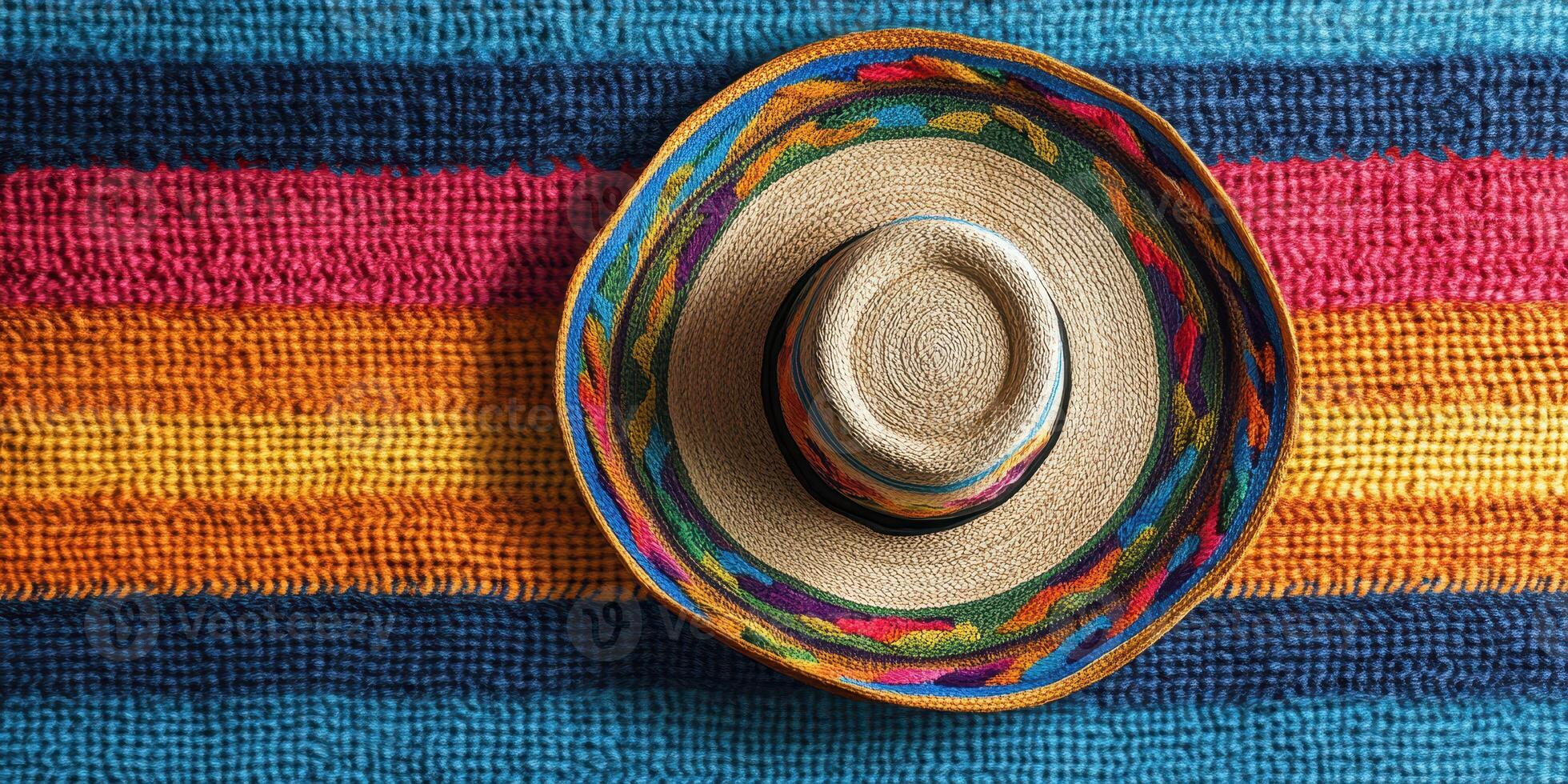 Colorful woven hat resting on a vibrant blanket showcasing traditional textile patterns photo