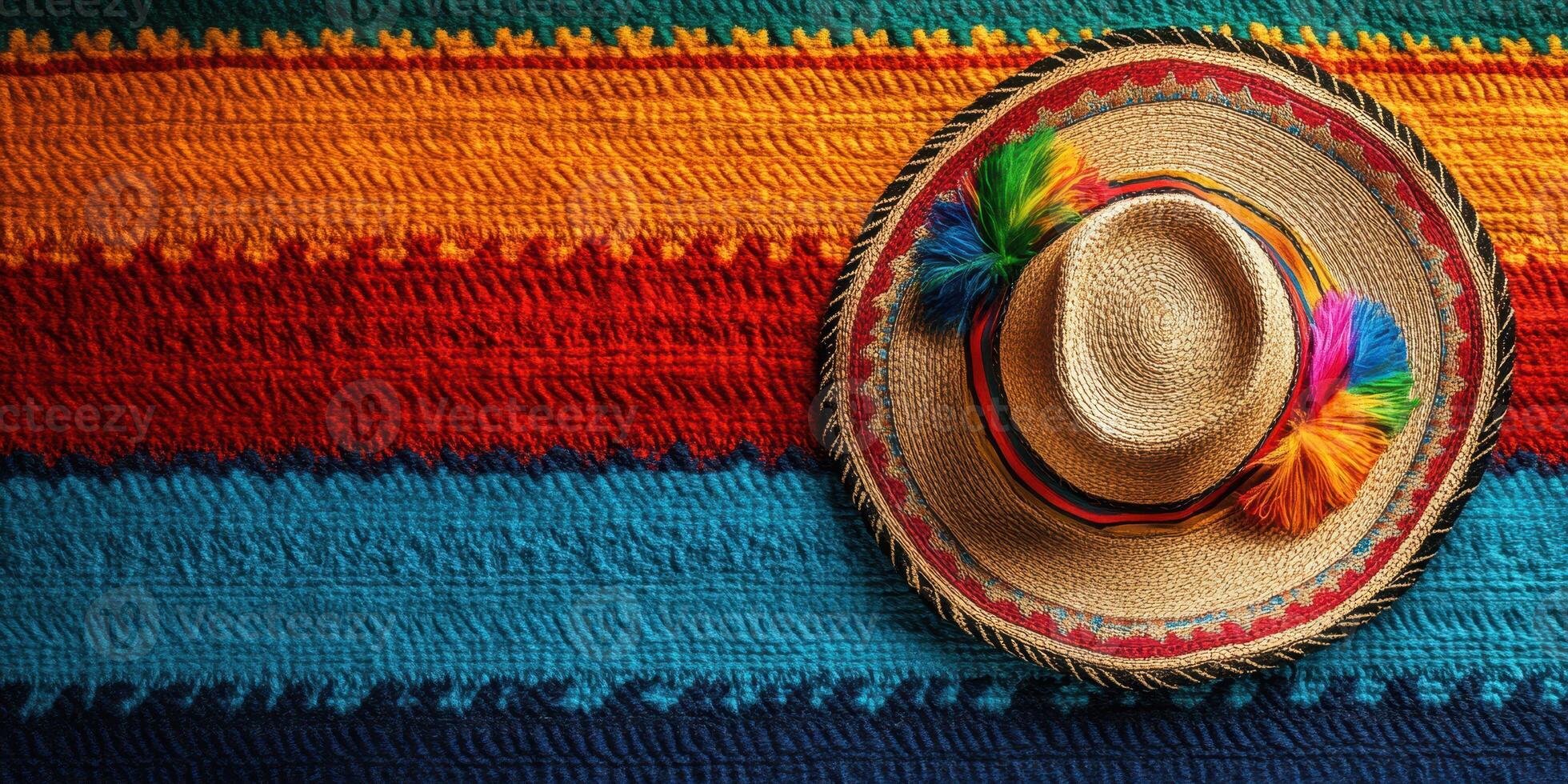 Colorful sombrero resting on a vibrant woven blanket in a festive atmosphere photo