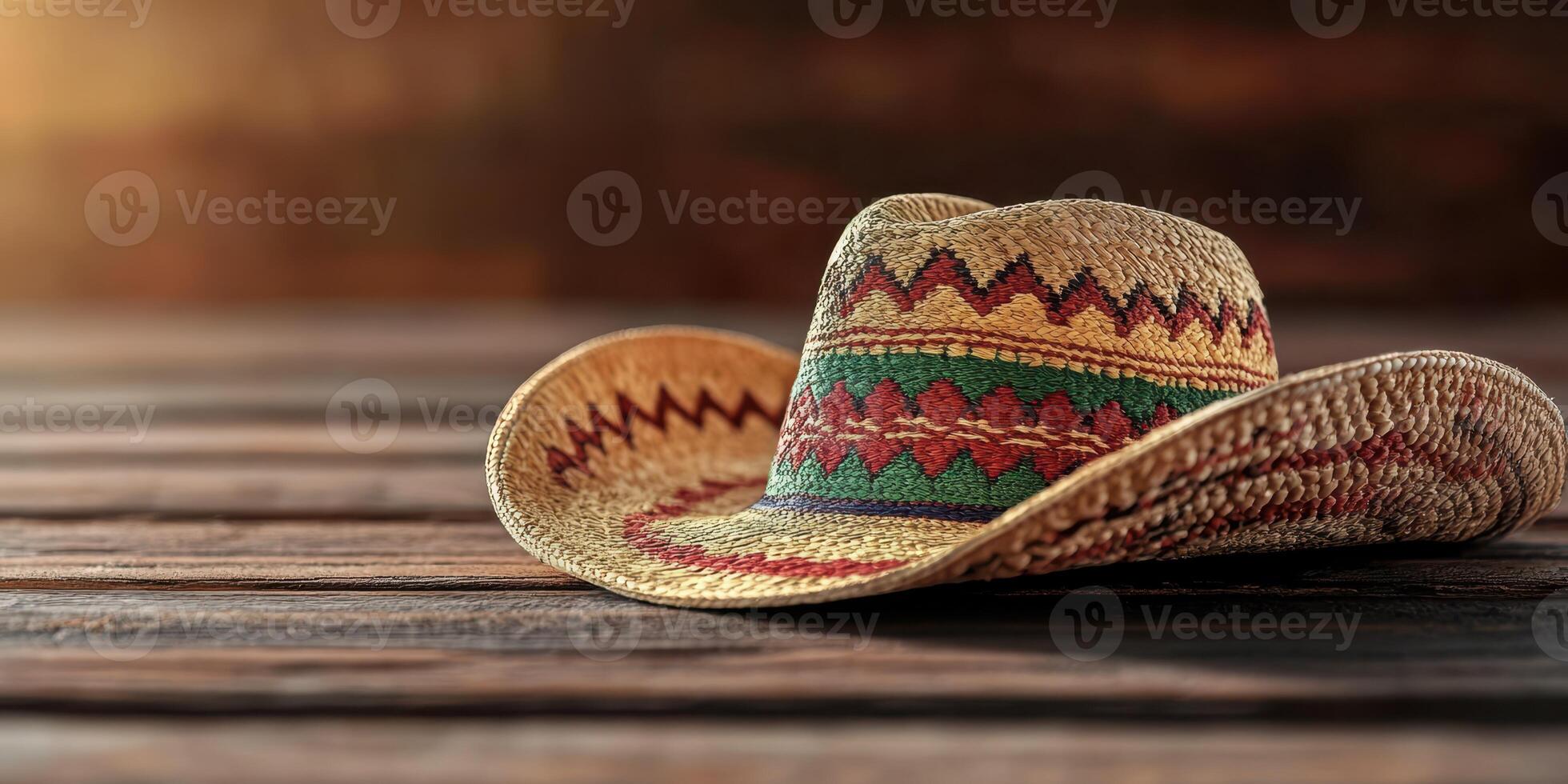 Colorful woven hat rests on a rustic wooden surface in warm afternoon light highlighting its intricate design photo
