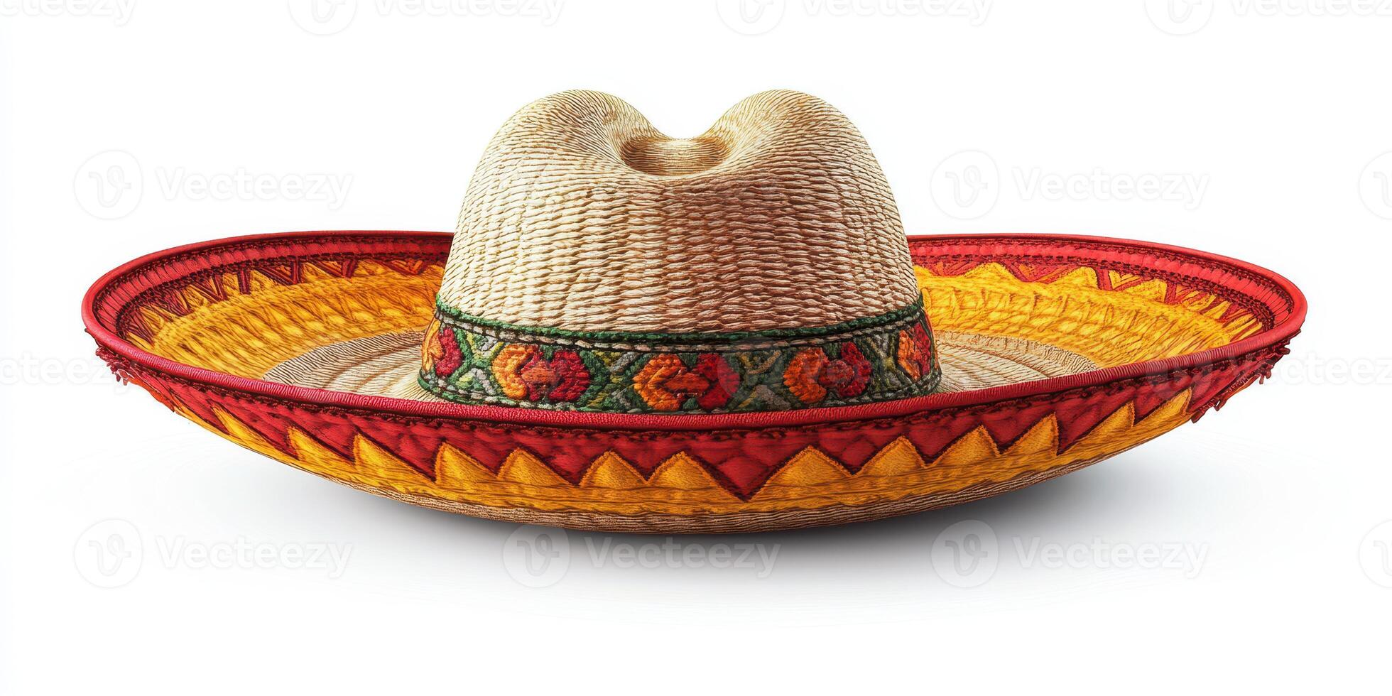 Traditional wide-brimmed sombrero with colorful decorations placed on a plain surface photo