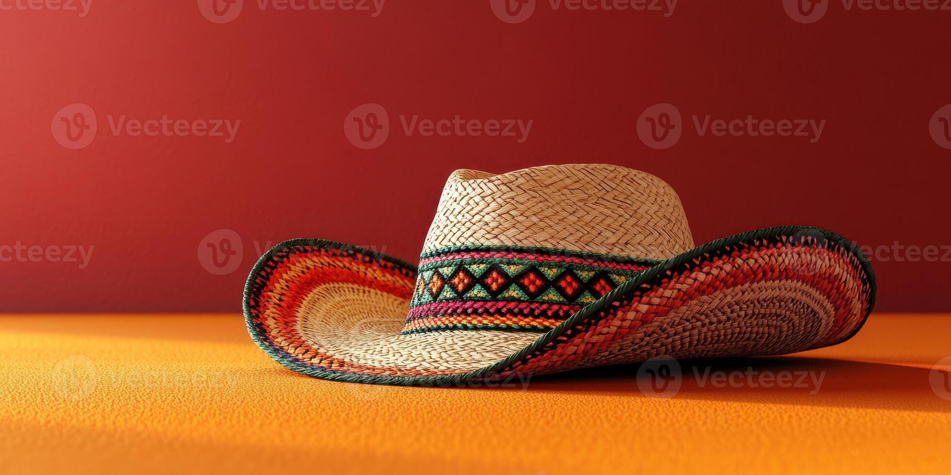 Wide-brimmed straw hat resting on a vibrant orange surface against a red backdrop photo