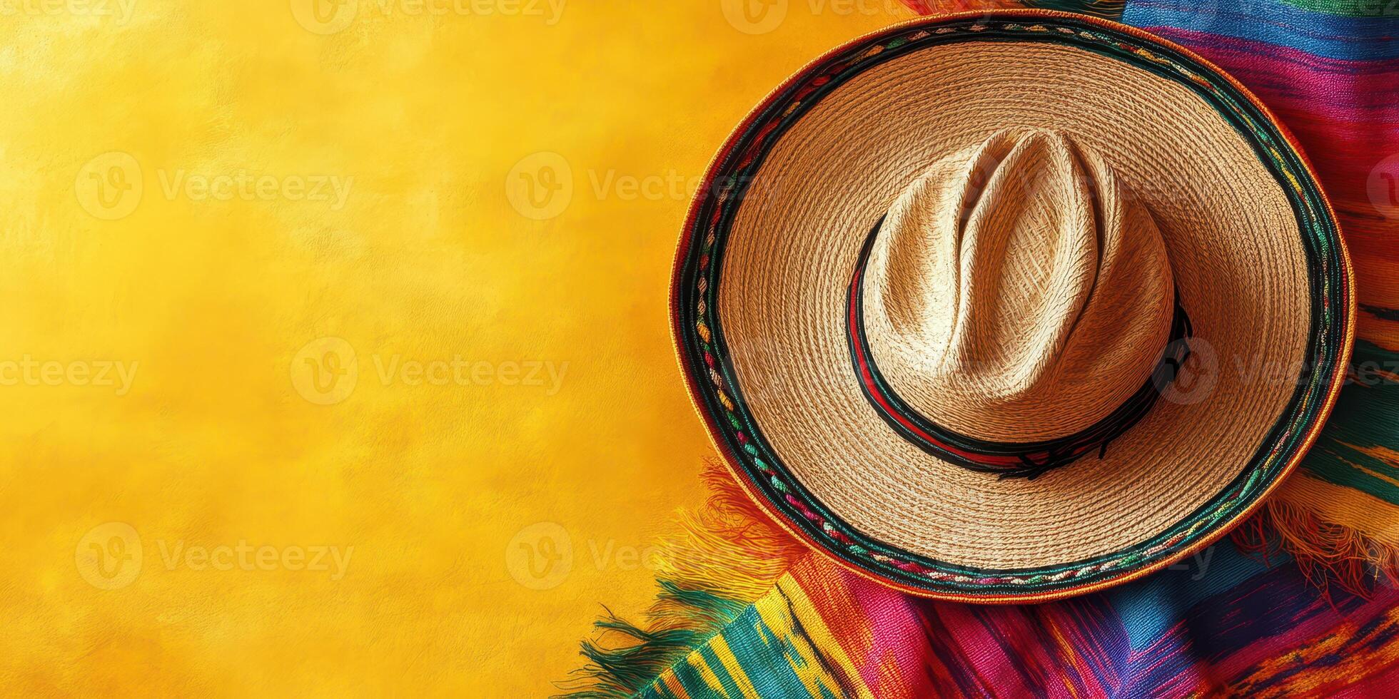 Colorful sombrero and vibrant blanket on yellow background create a festive atmosphere for celebration and cultural events photo