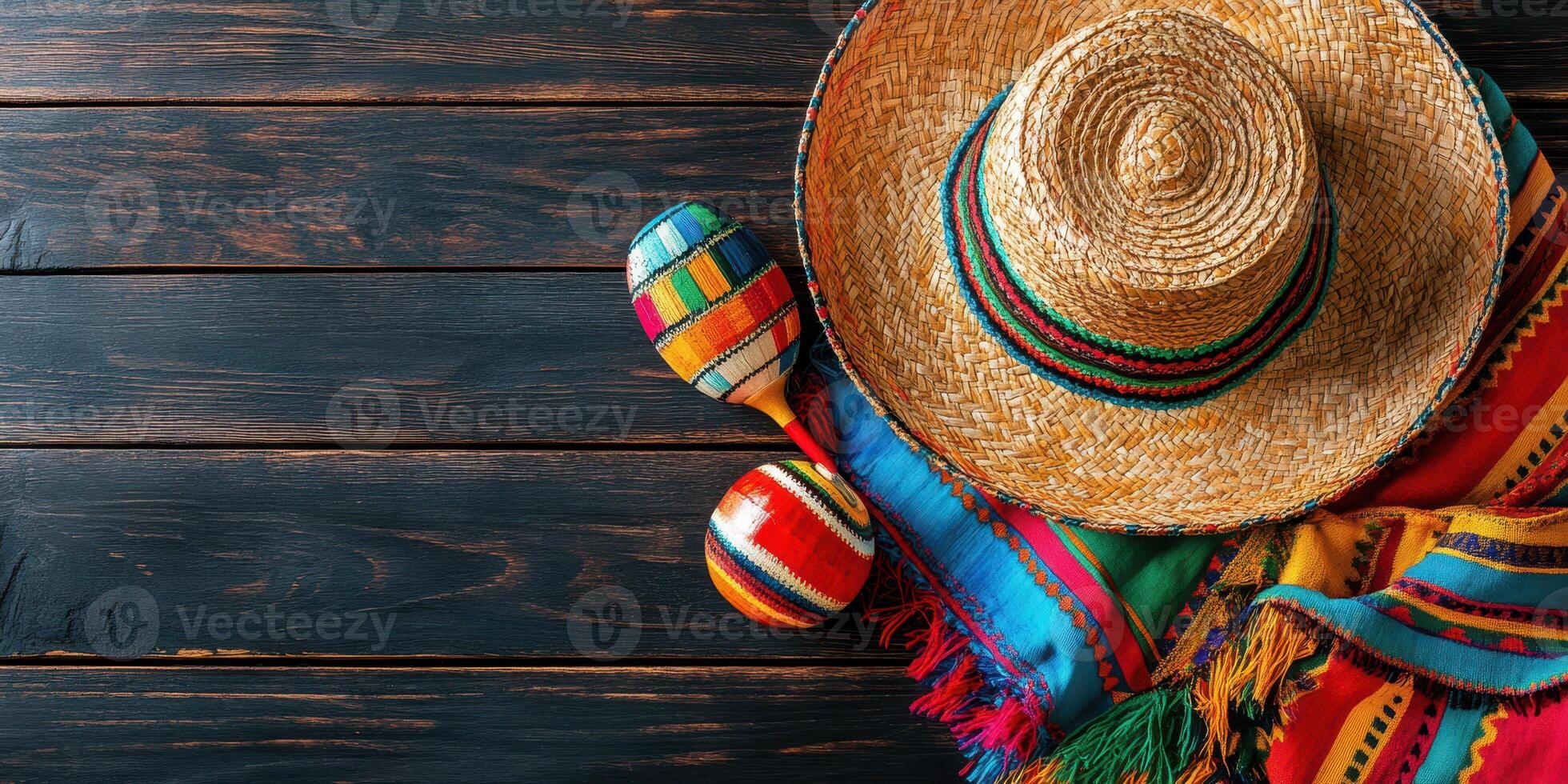 Colorful sombrero and maracas on a wooden table create a festive atmosphere for a celebration photo