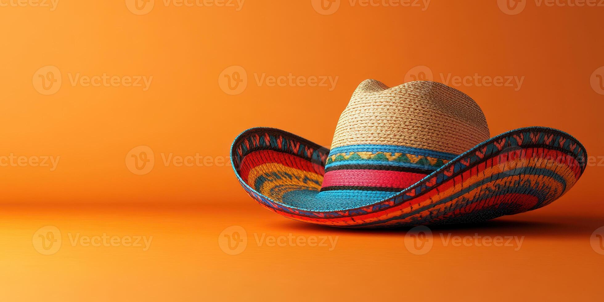 Colorful straw hat resting on vibrant orange background showcasing traditional design and craftsmanship in a modern setting photo