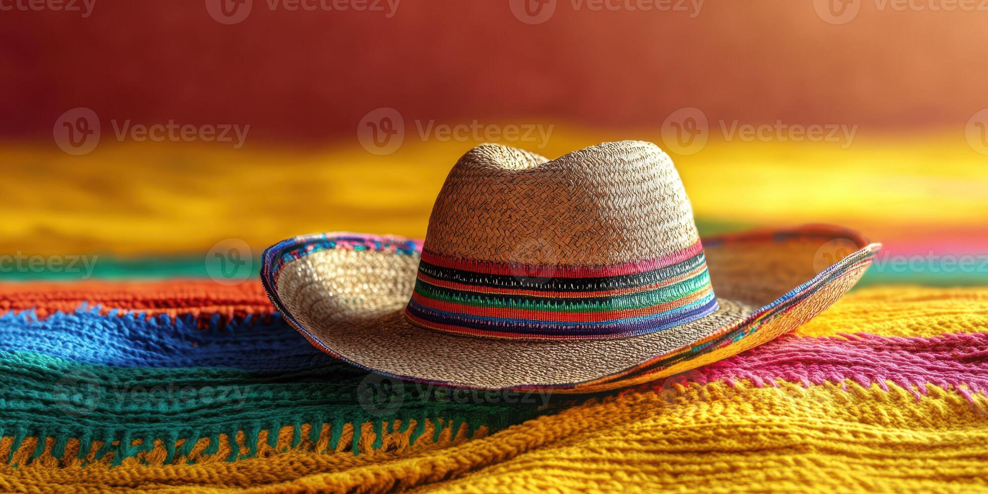 Colorful traditional hat placed on a vibrant woven blanket in a warm, inviting setting photo