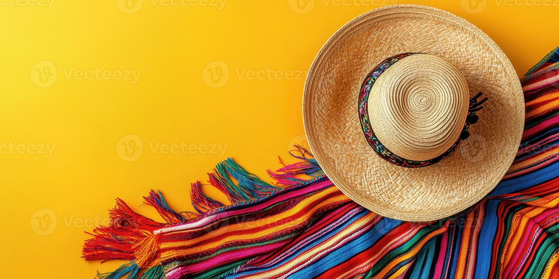 Colorful stripes and a wide-brimmed hat create a vibrant cultural display against a bright background photo