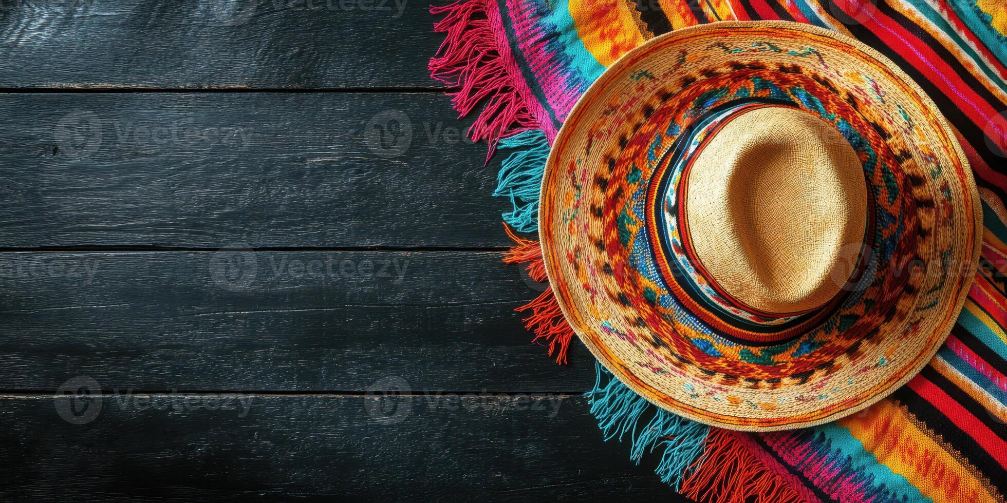 Colorful sombrero on a vibrant woven blanket against a rustic wooden background photo