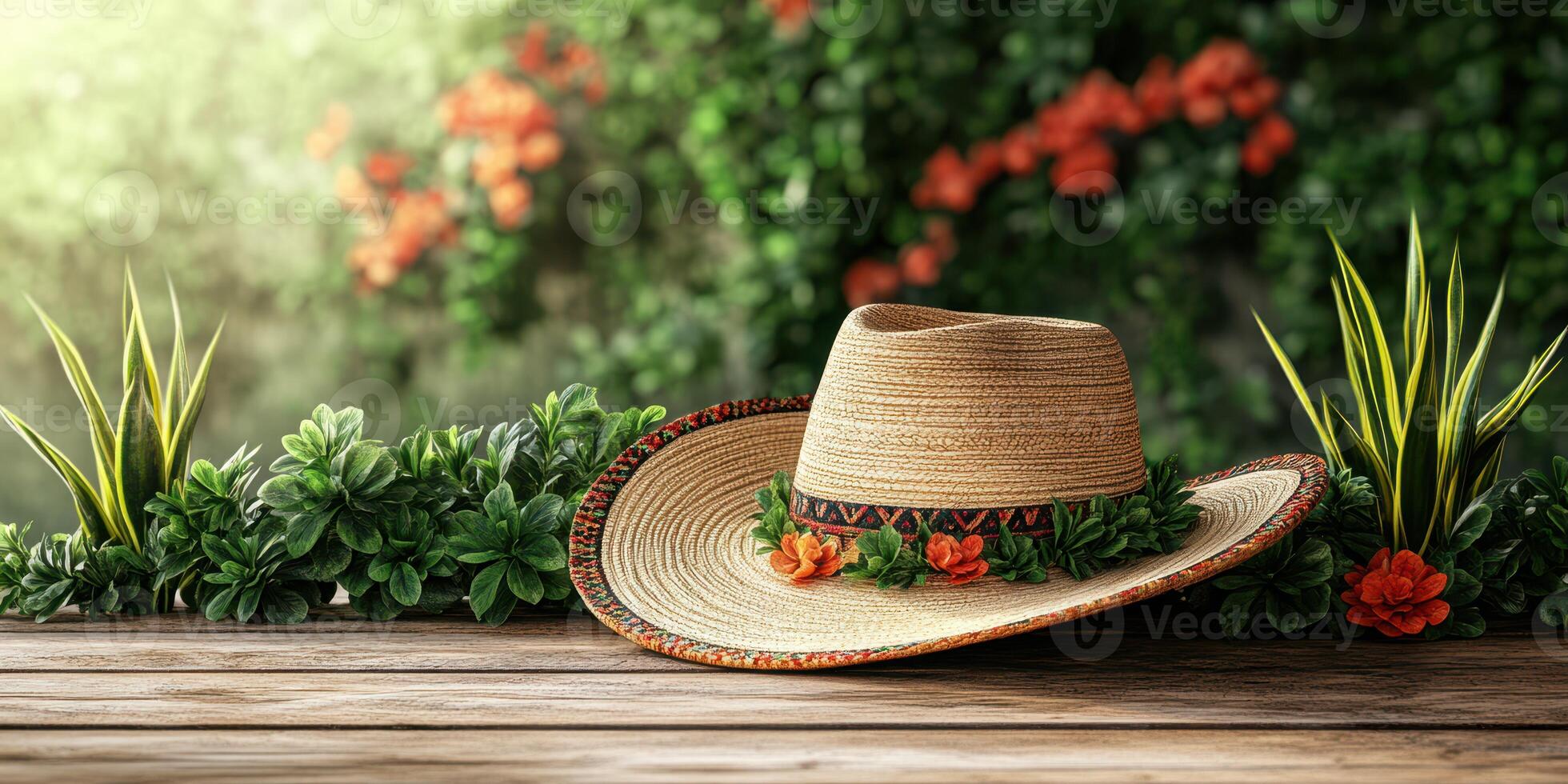 Beautiful straw hat adorned with flowers rests on a wooden table surrounded by vibrant greenery and blooming plants photo