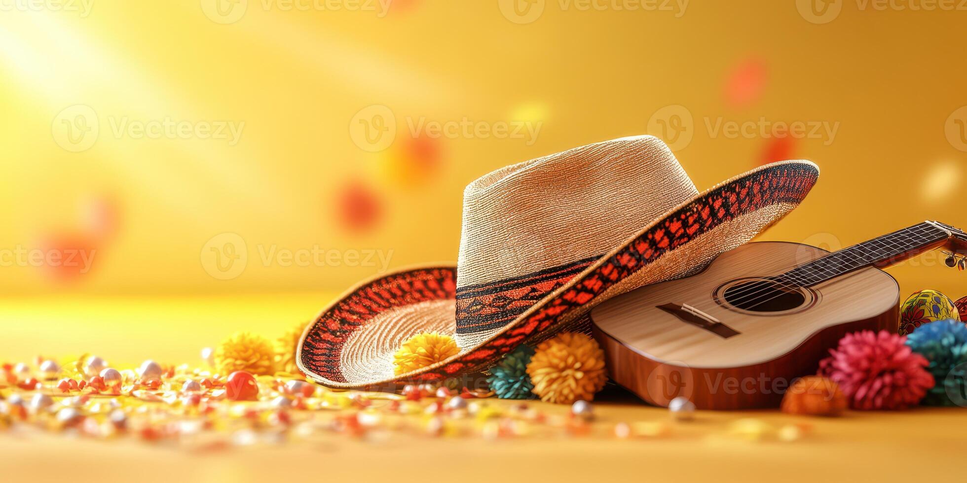 Colorful sombrero and guitarra surrounded by festive decorations and confetti in bright setting photo