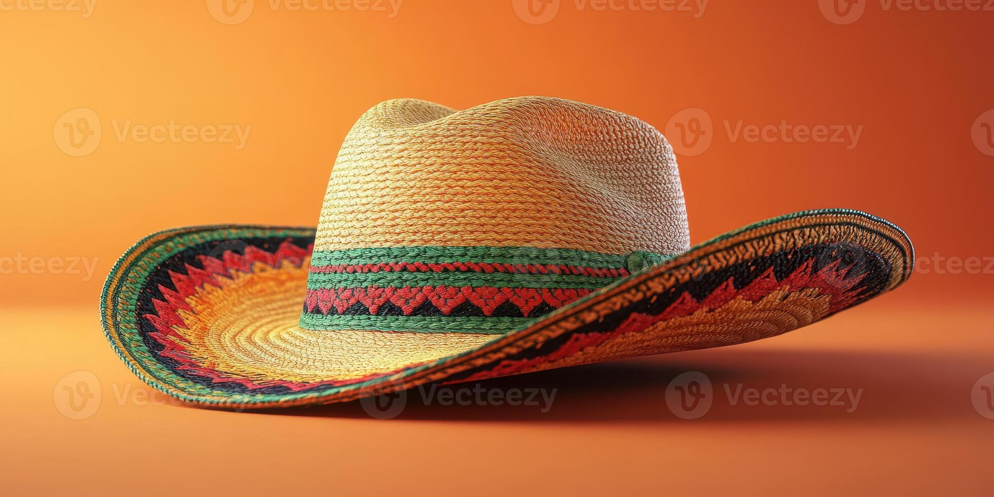 Colorful straw sombrero displayed against an orange background highlighting intricate patterns and design features photo