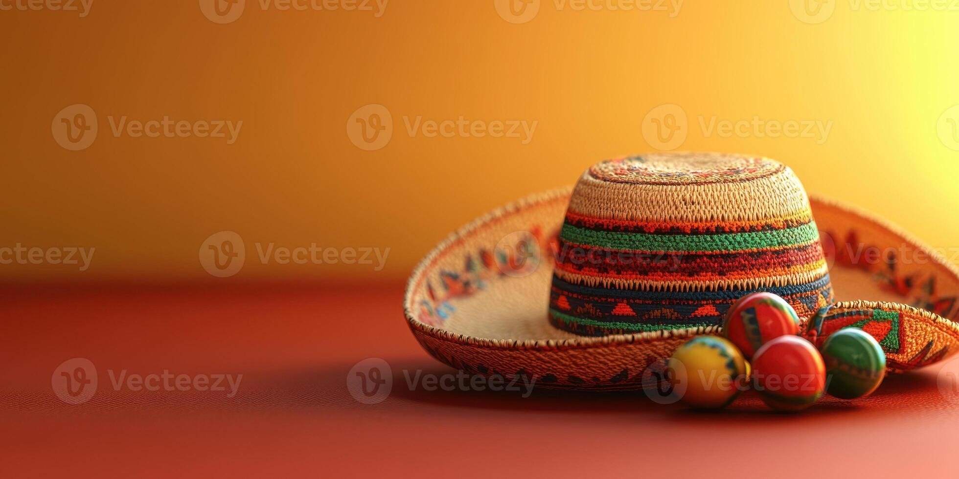 Colorful sombrero with traditional decorations and wooden eggs on a warm background photo