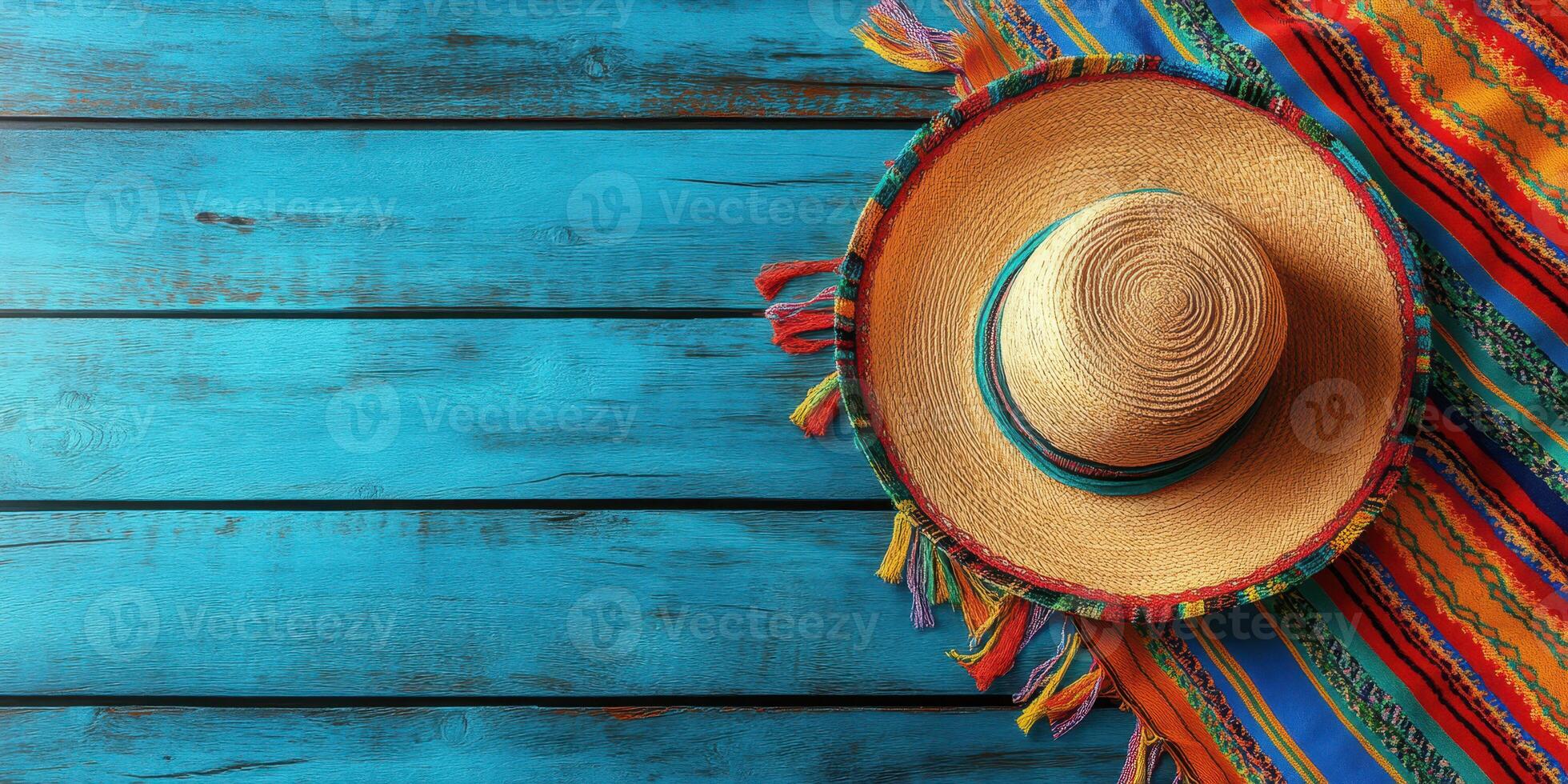 Colorful sombrero and vibrant blanket on a rustic blue wooden surface creating a festive atmosphere photo