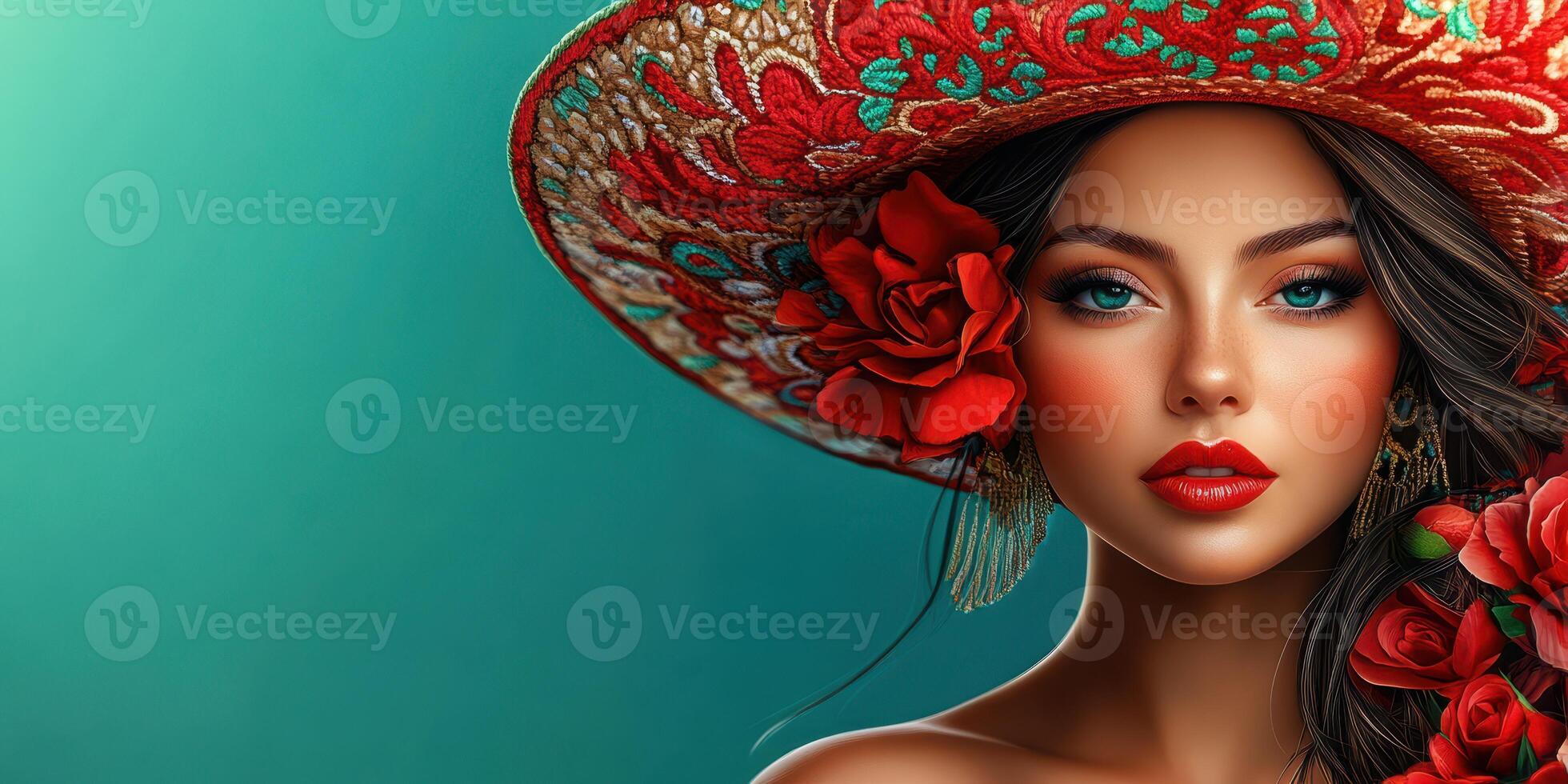 Beautiful woman in colorful sombrero with flowers posing against a turquoise background photo