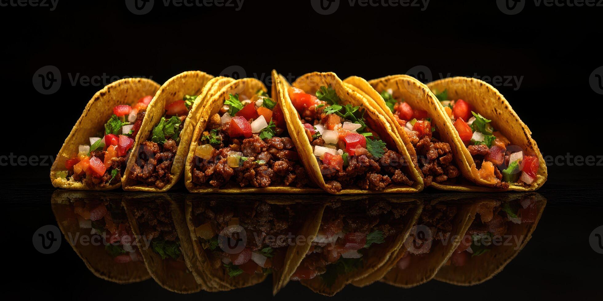 Tacos filled with seasoned meat, fresh vegetables, and herbs on a reflective surface photo