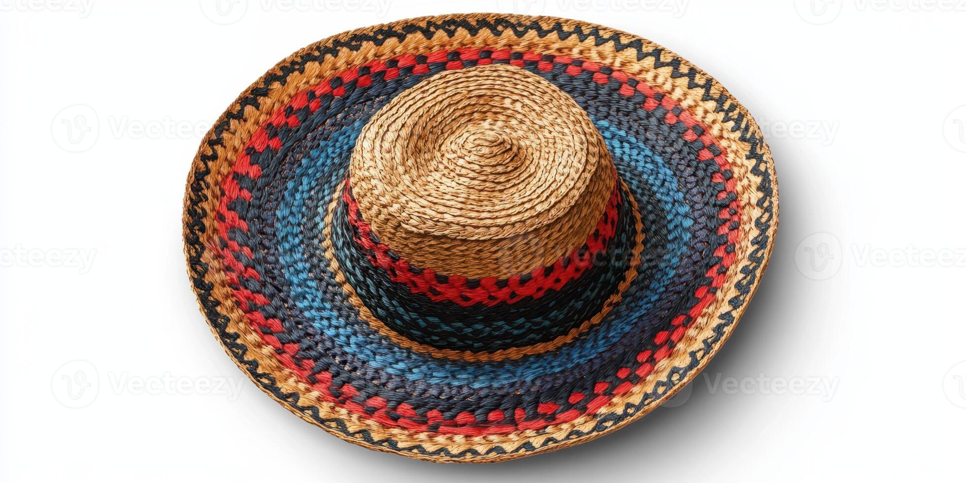 Colorful straw hat with intricate weaving displayed atop a light background photo
