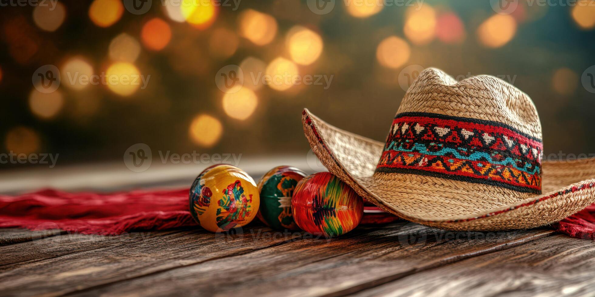 Colorful decorative wooden maracas and a straw hat on a rustic wooden table with a blurred festive background photo