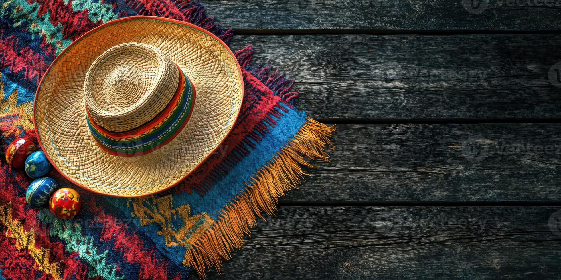 Traditional sombrero and colorful textiles arranged on a rustic wooden table photo