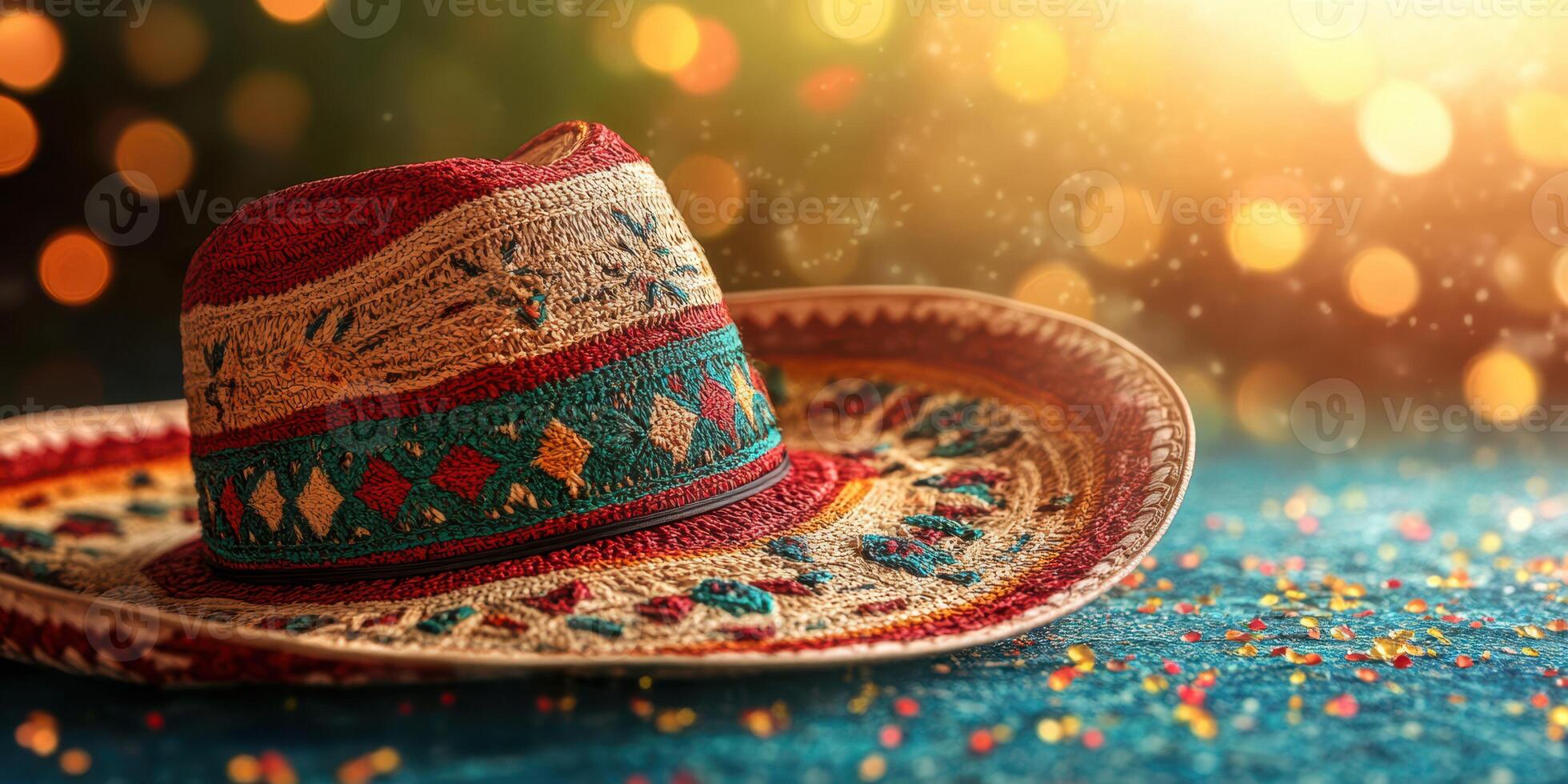 Colorful traditional hat resting on a table during a festive celebration in a warm and inviting atmosphere photo