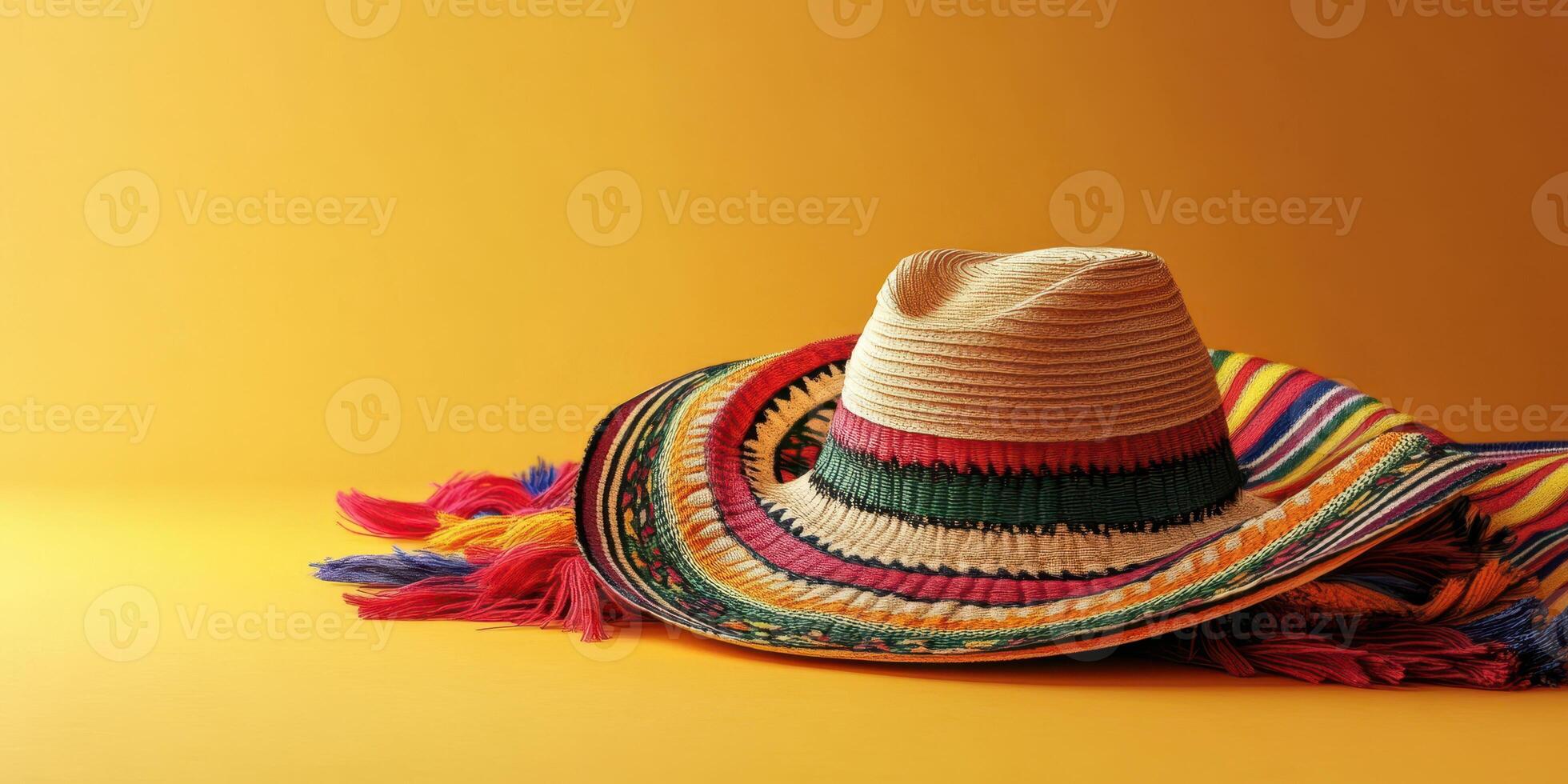 Colorful traditional hat and blanket displayed against a vibrant yellow background in a studio setting photo