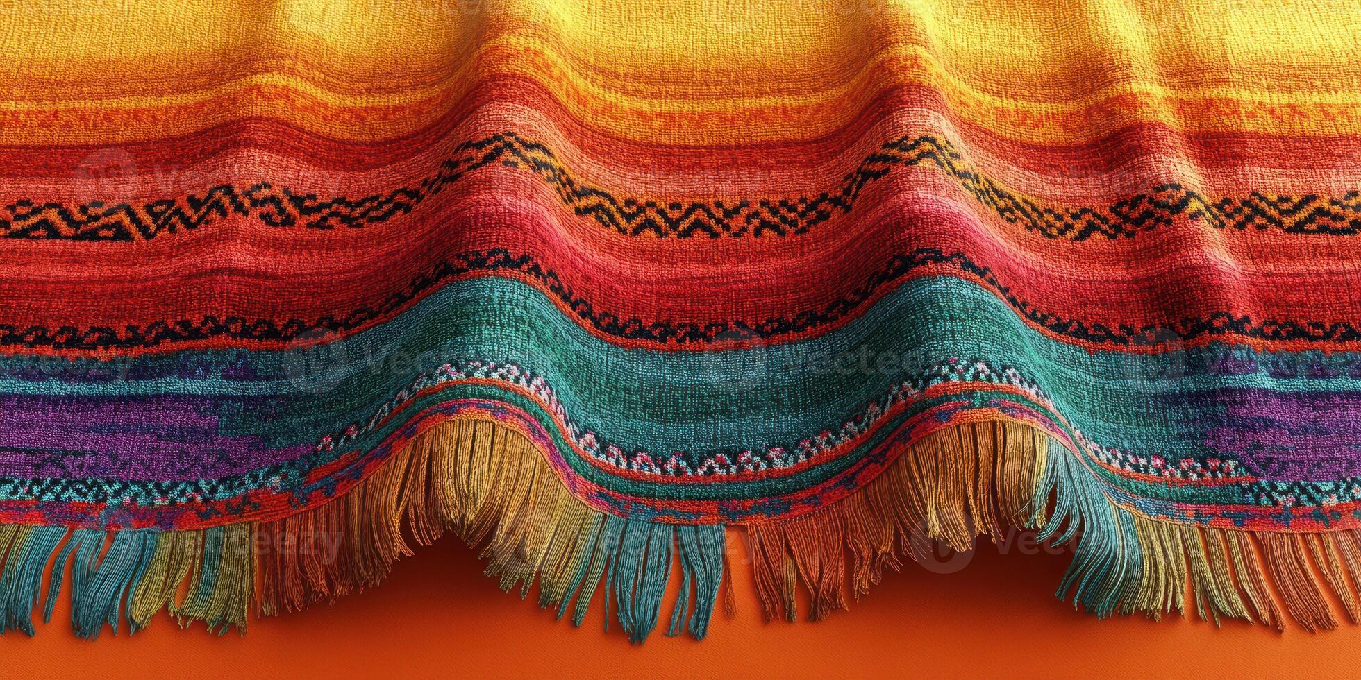 Colorful handwoven blanket from Mexico displayed on a vibrant surface photo